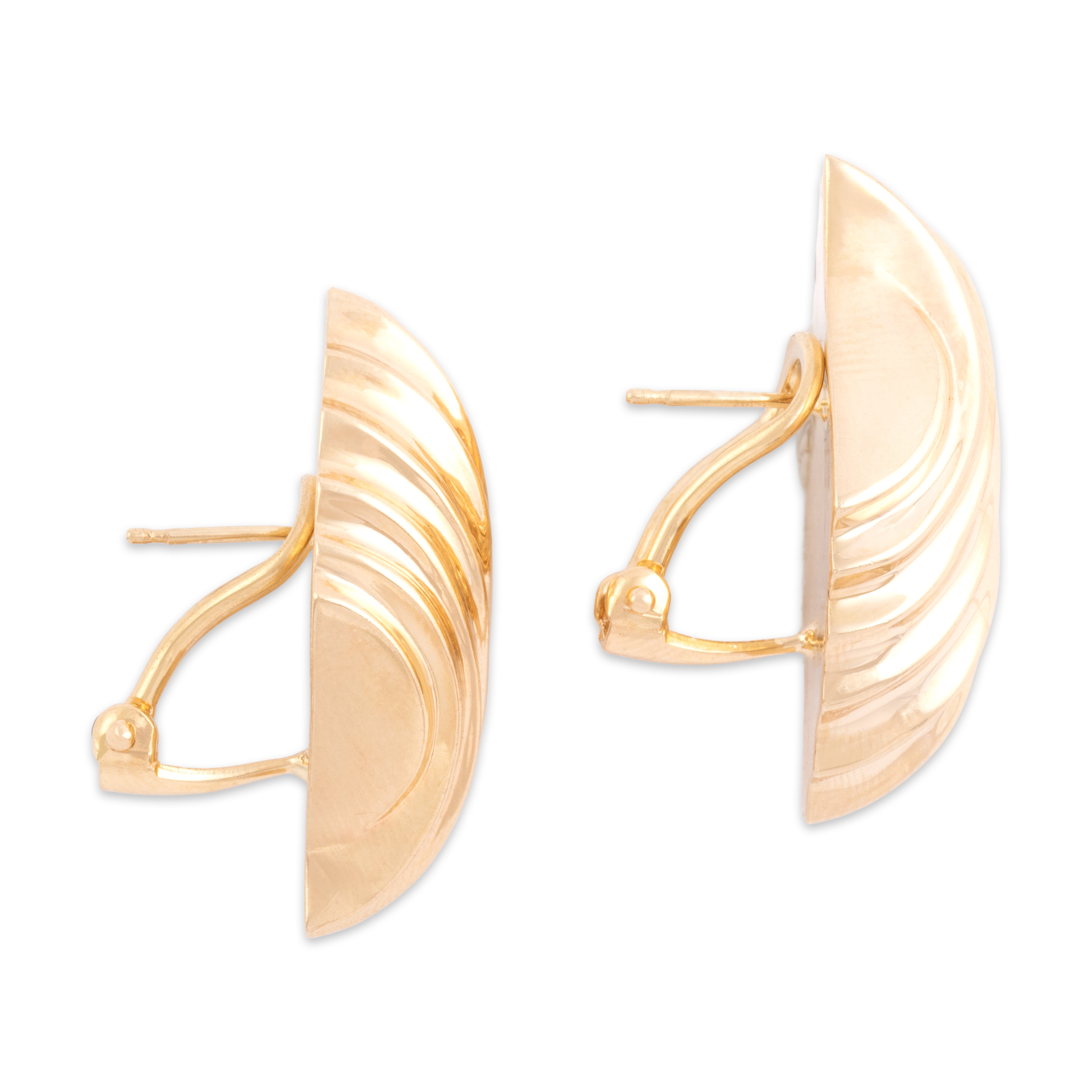 Vintage Large 14k Yellow Gold Statement Puffy Ribbed Swirl Omega-Back Earrings - Side view
