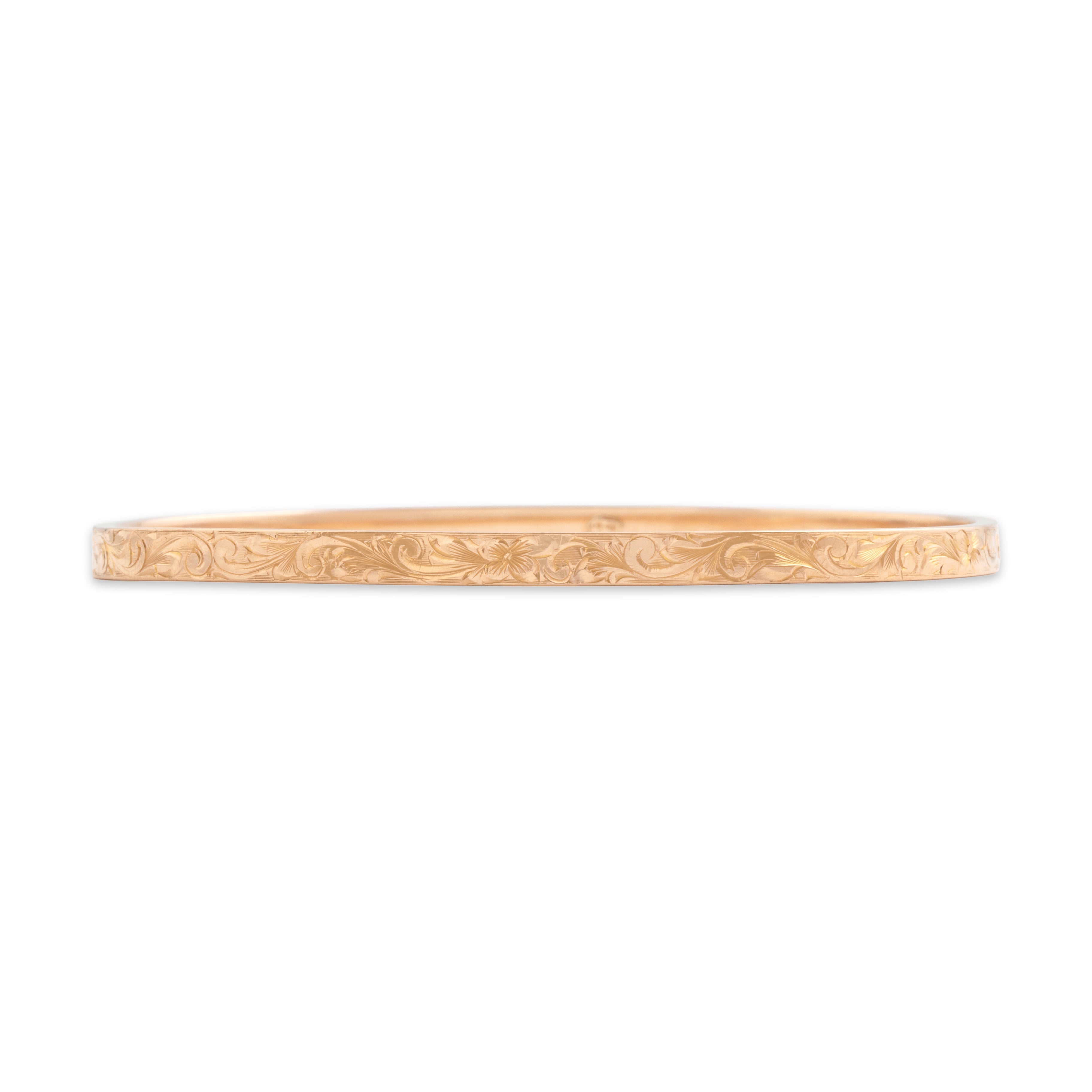 Antique Victorian 14k Rosy Yellow Gold Incredible Scrolling Floral Engraved Bangle Bracelet - Overall view