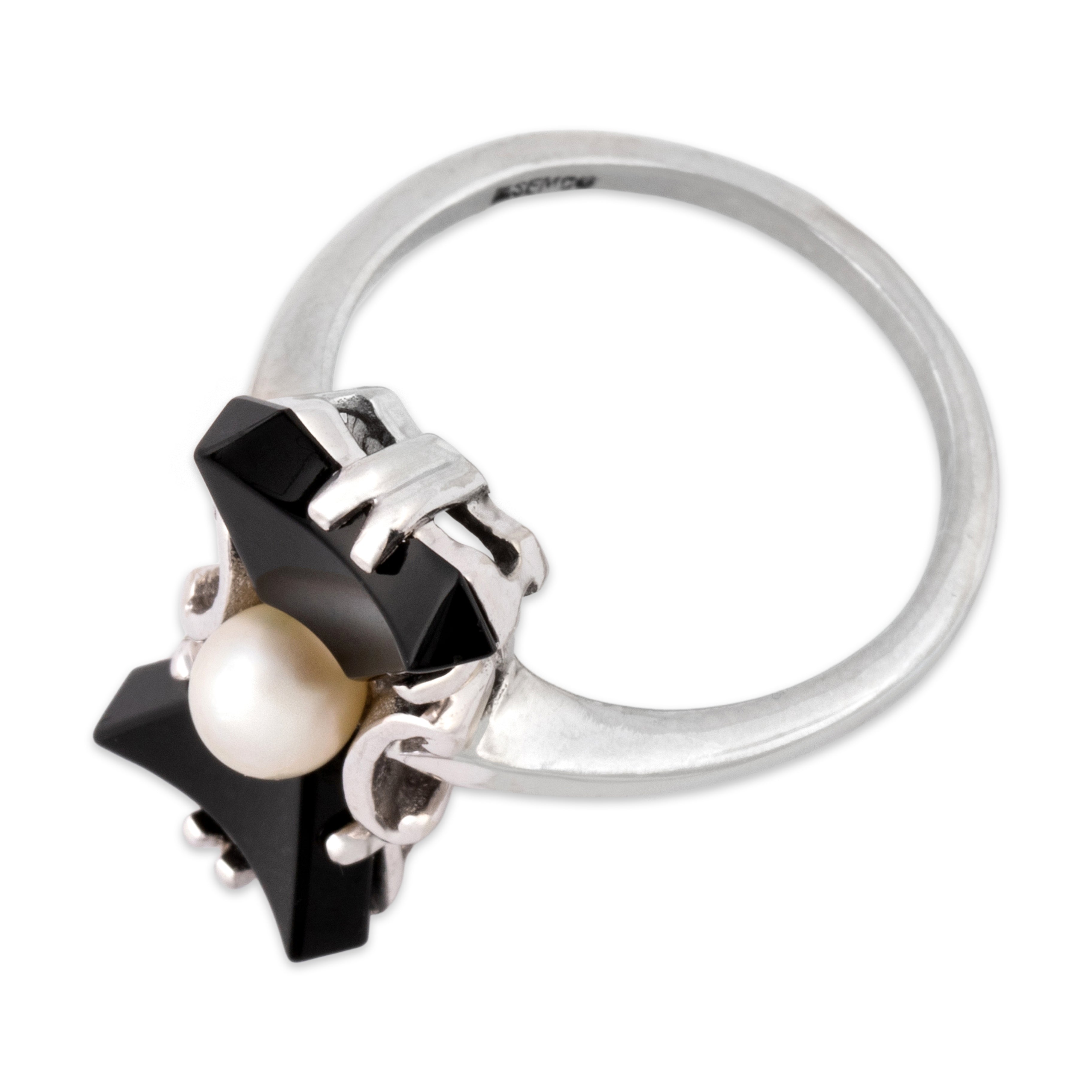 Vintage 10k White Gold Onyx Pearl Artistic Ring - Overall view
