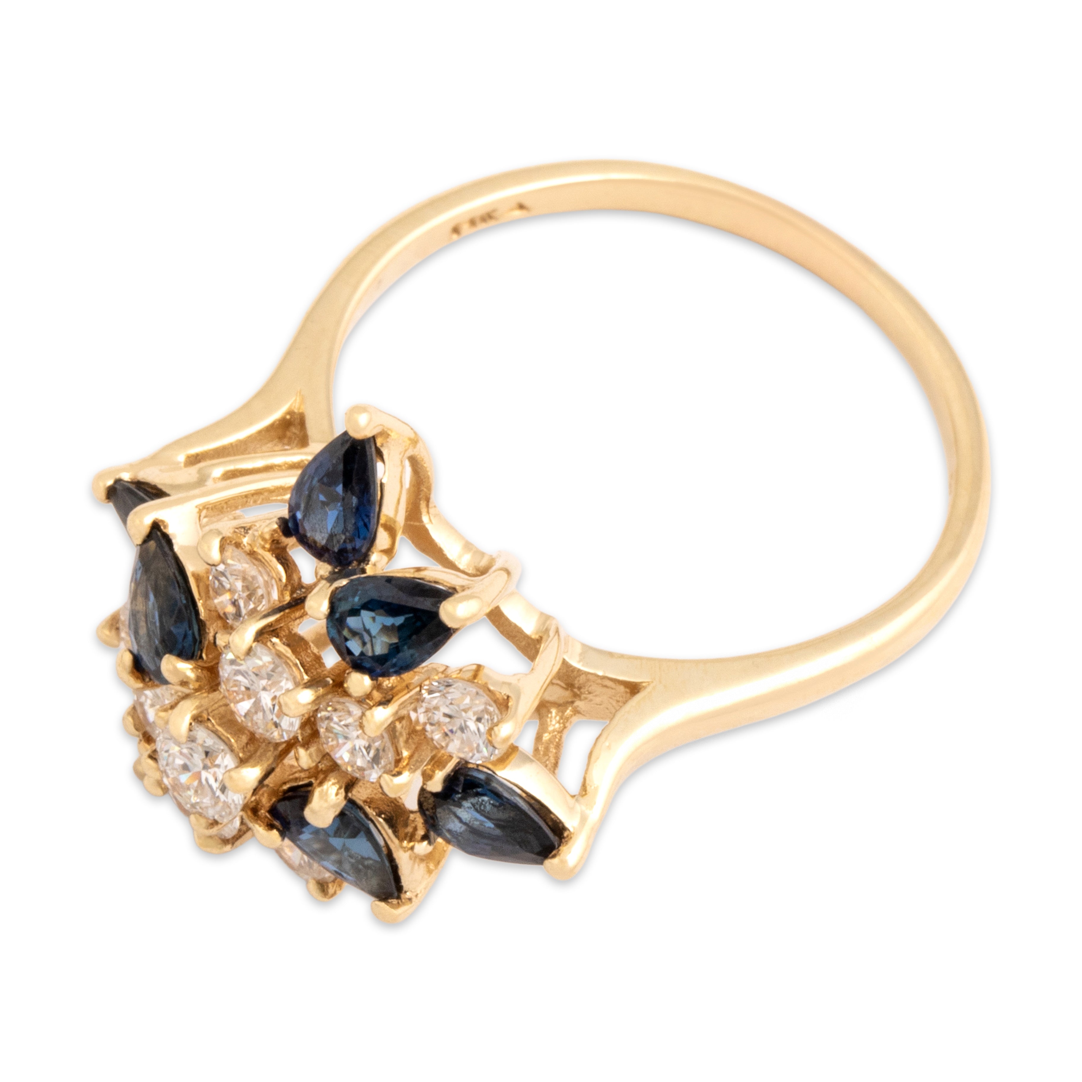 Vintage 14k Yellow Gold 1.68cttw Blue Sapphire .81cttw Diamond Stellar Multi-Cut Cluster Ring - Overall view