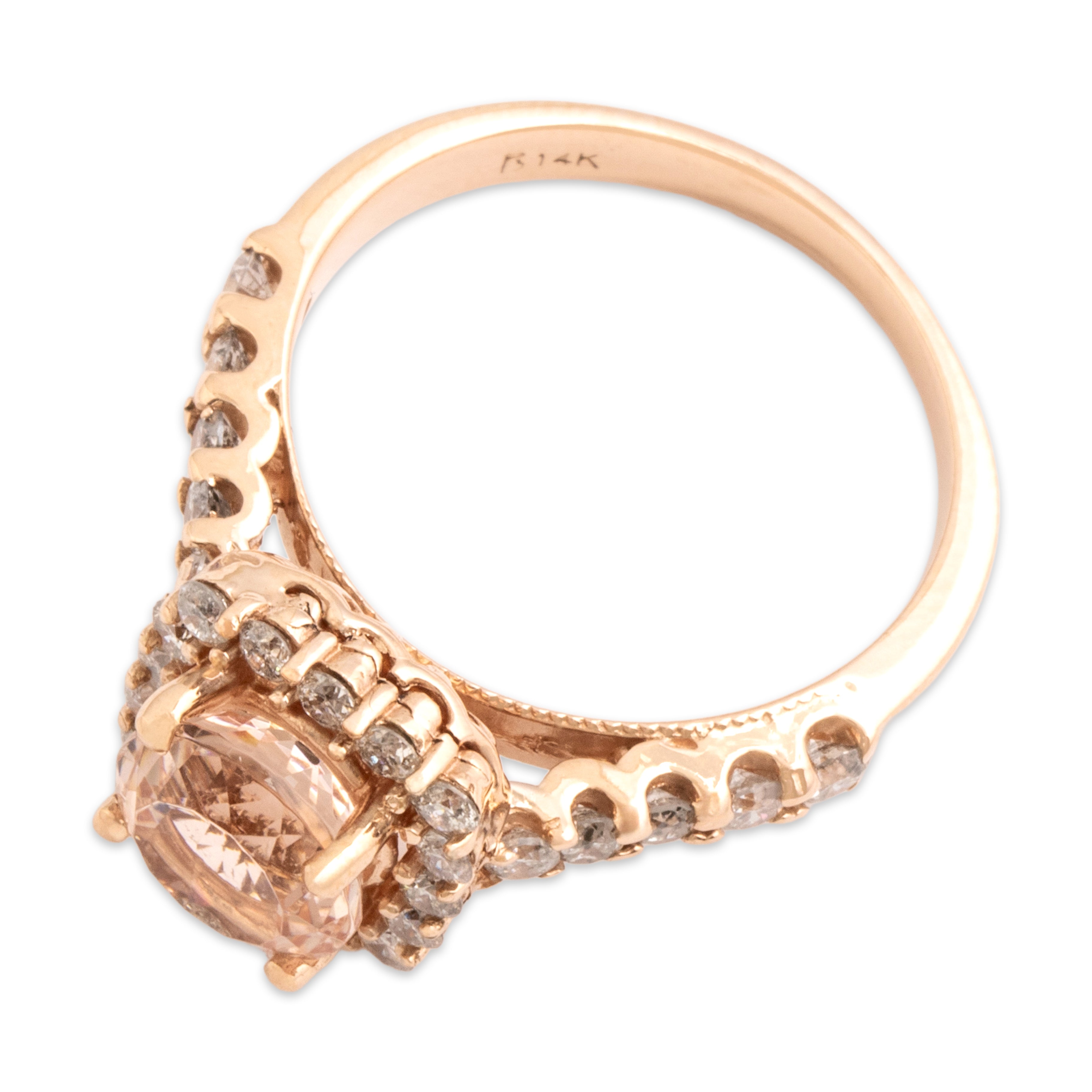 Estate 14k Rose Gold 1.79ct Morganite .74cttw Diamond Bright Rounded Square Halo Ring - Overall view