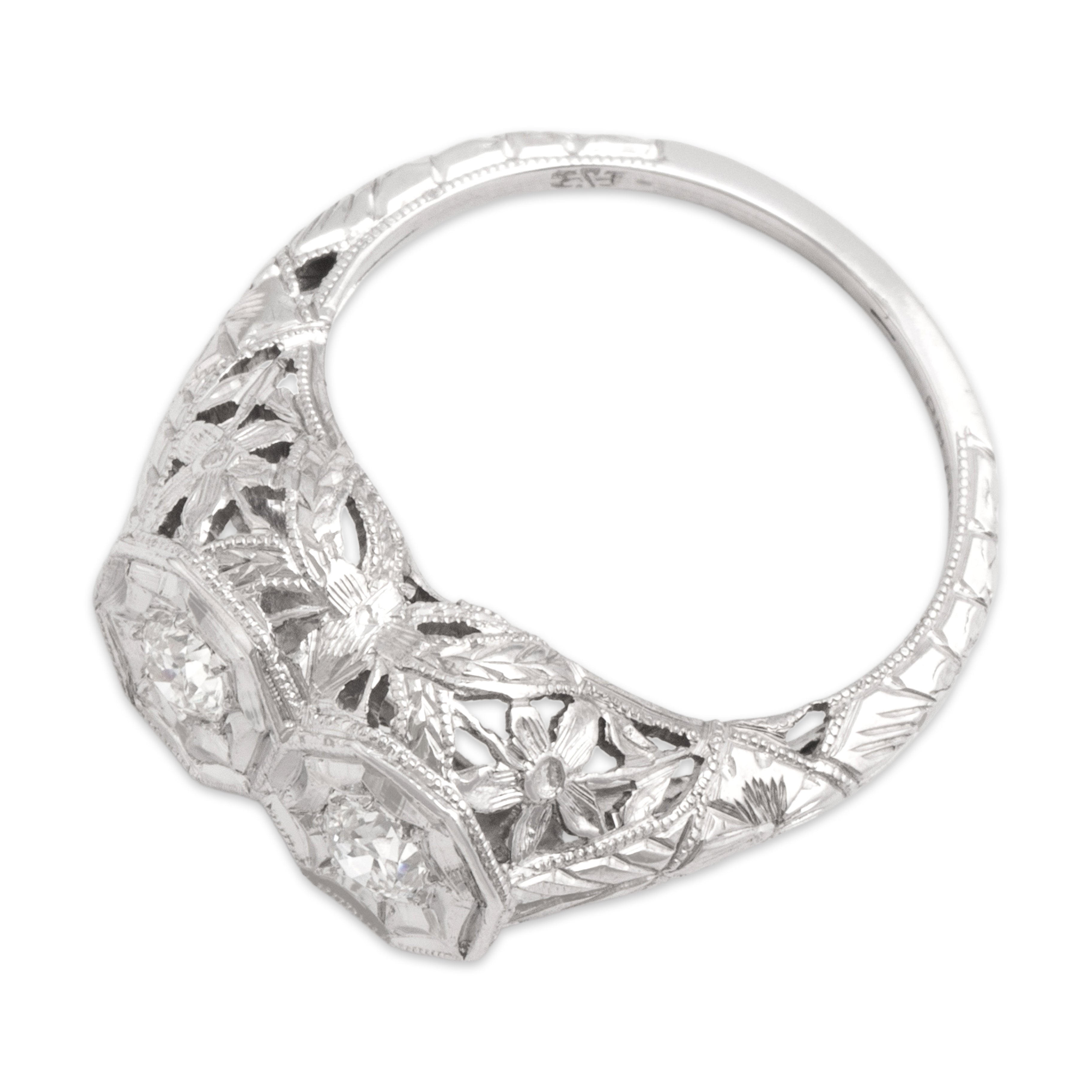 Antique Art Deco Belais 18k White Gold Old European Cut Diamond Architectural Floral-Carved Duo Ring - Overall view