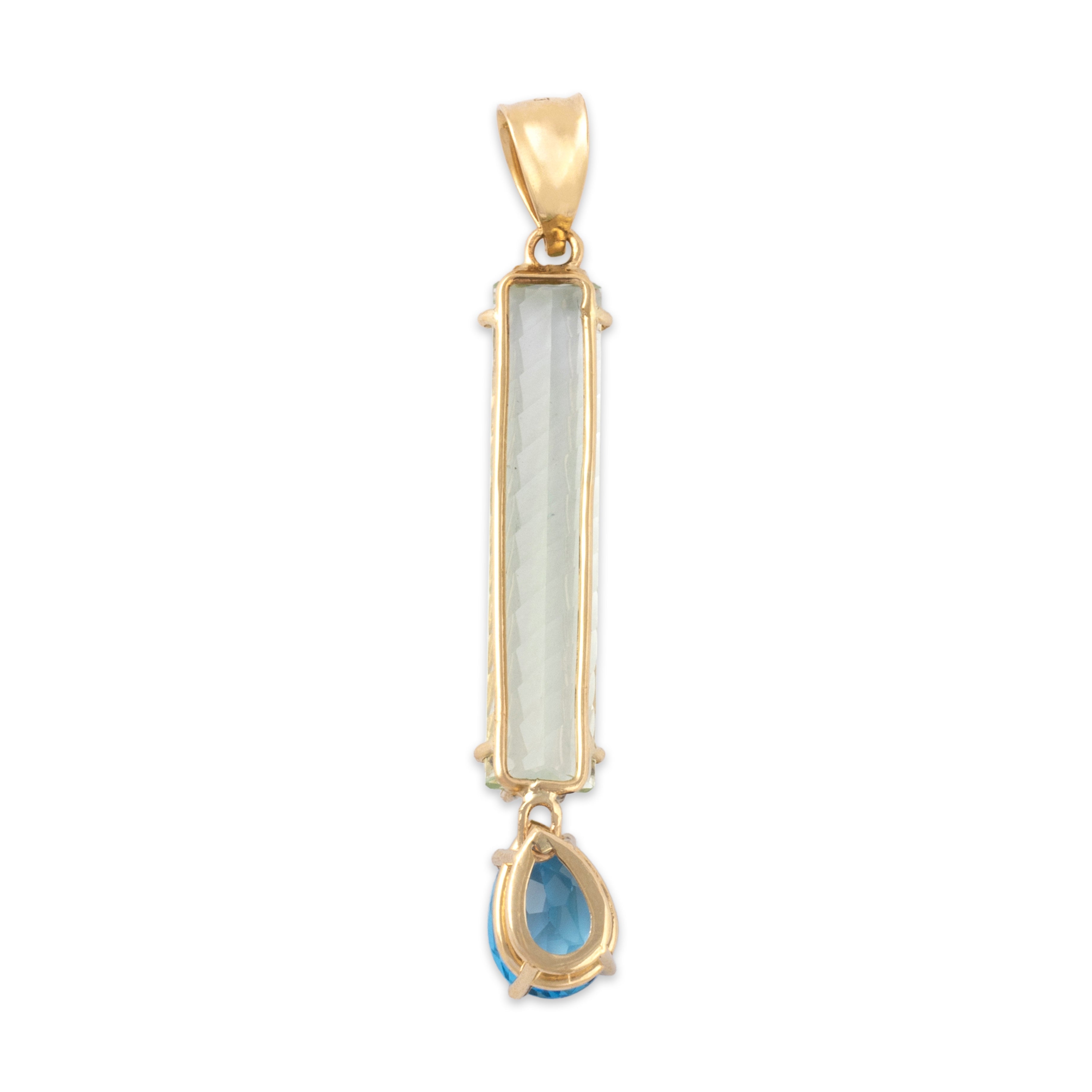 Vintage 14k Yellow Gold 5.26ct Aquamarine 2.09ct Blue Topaz Long Fancy-Cut Dangle Pendant - Back view