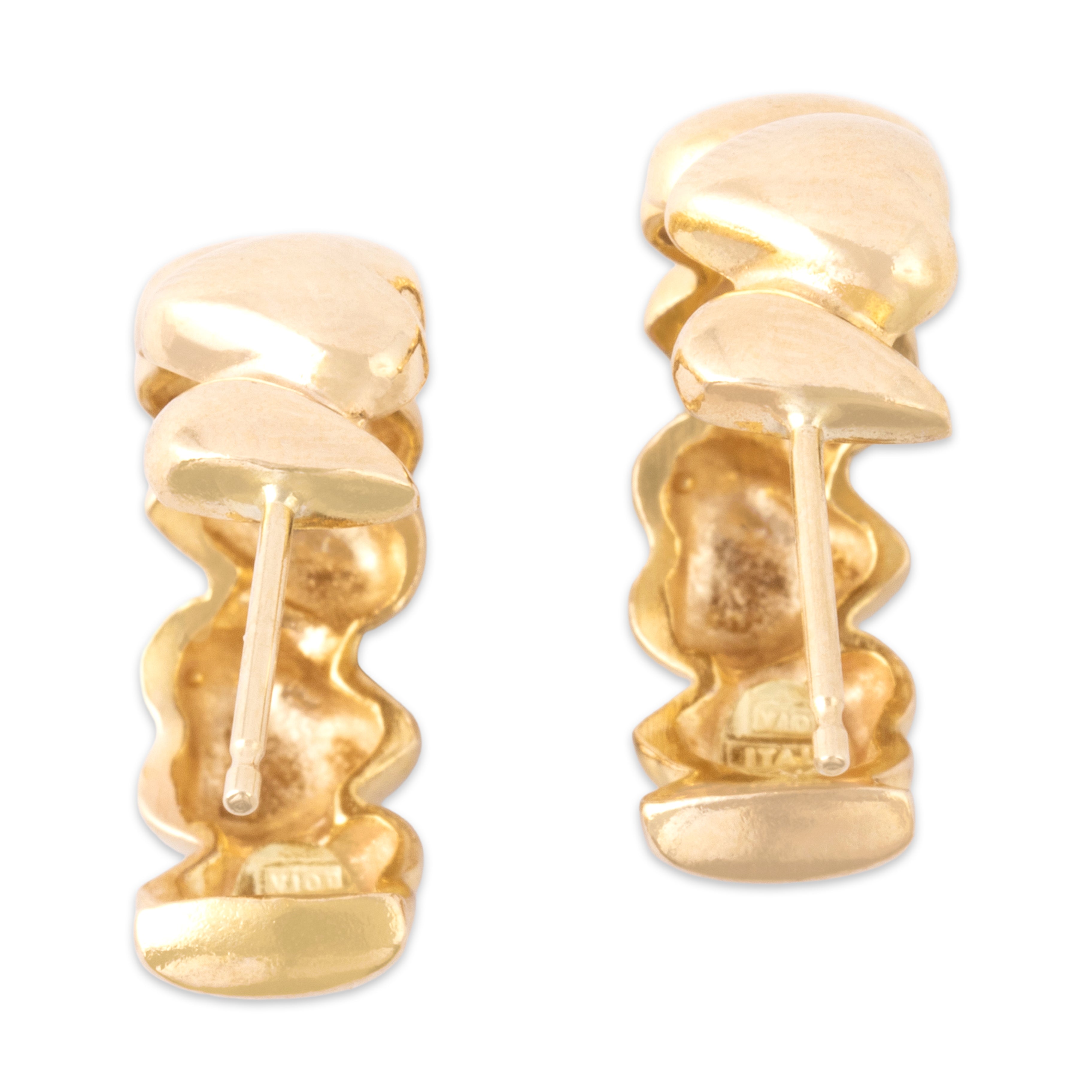 Vintage Italian 14k Yellow Gold Gleaming Alternating Heart Half-Hoop Earrings - Back view