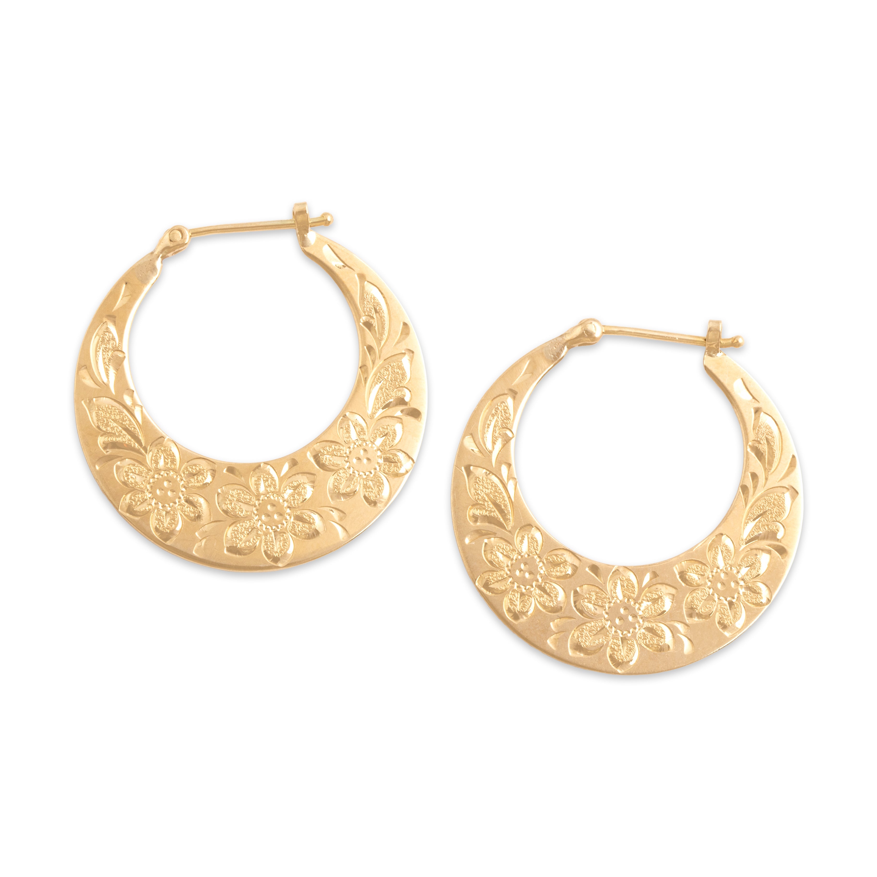 Vintage 14k Yellow Gold Wonderful Floral Hand-Engraved Hoop Earrings - Overall view