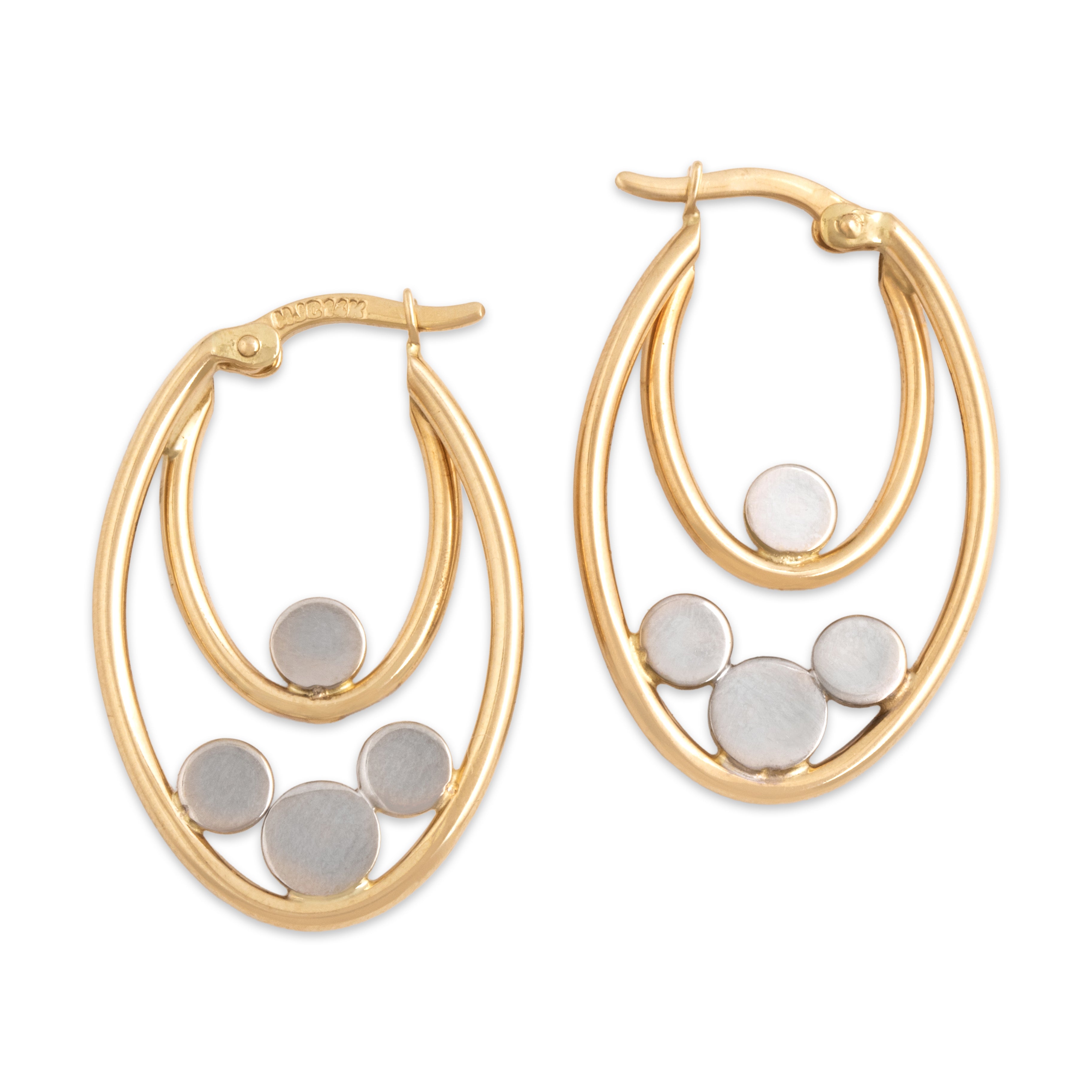 Vintage 14k Yellow & White Gold Bubble Accented Double Hoop Earrings - Back view