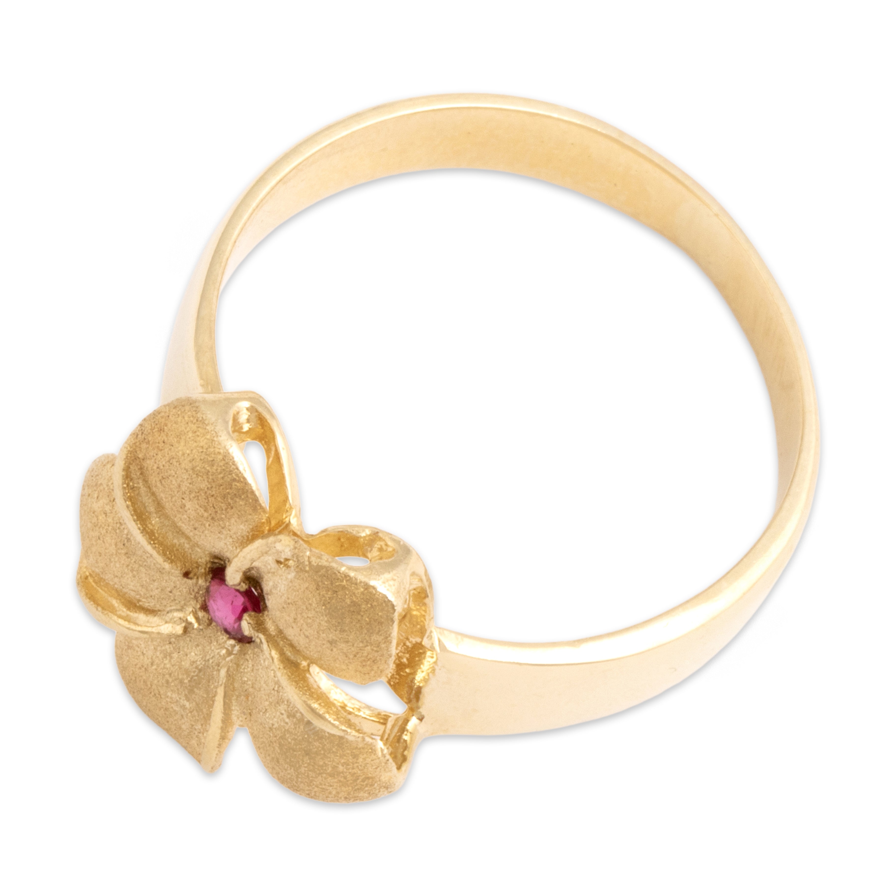Vintage 14k Yellow Gold Ruby Tropical Brushed Flower Ring - Overall view
