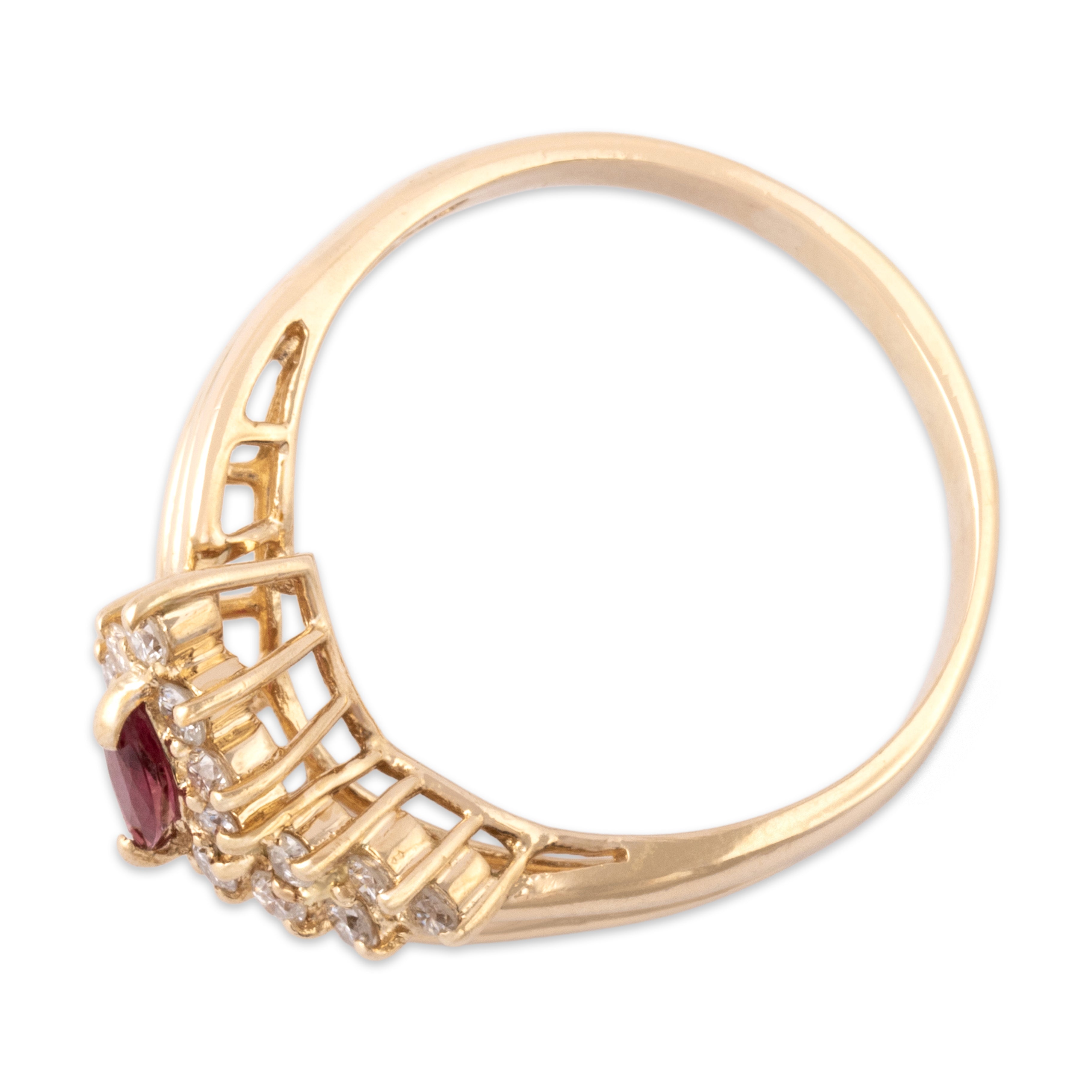 Vintage 14k Yellow Gold Diamond Ruby Waving Glittering Cascade Ring - Overall view
