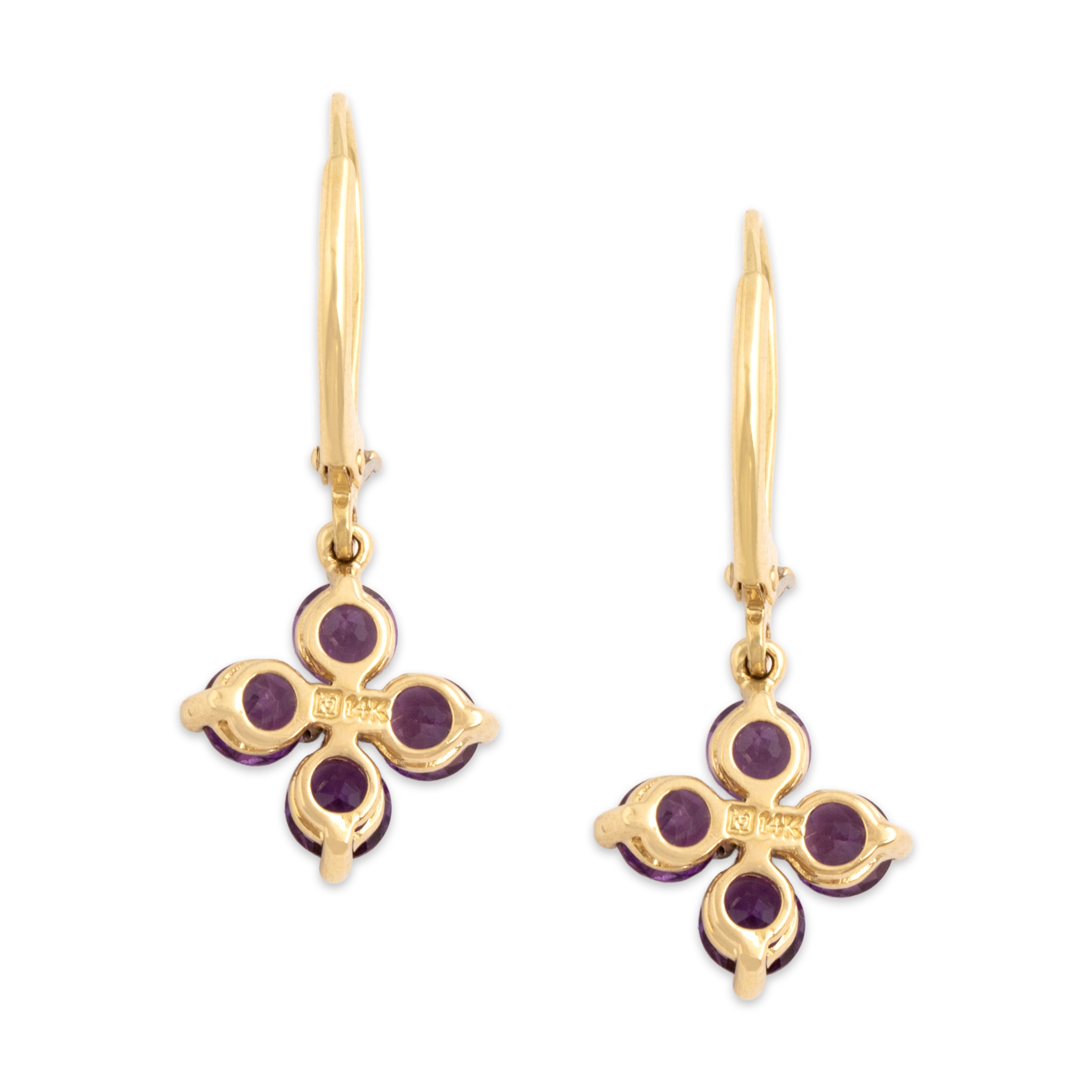 Vintage 14k Yellow Gold 1.59cttw Amethyst Diamond Vibrant Floriform Dangle Earrings - Back view