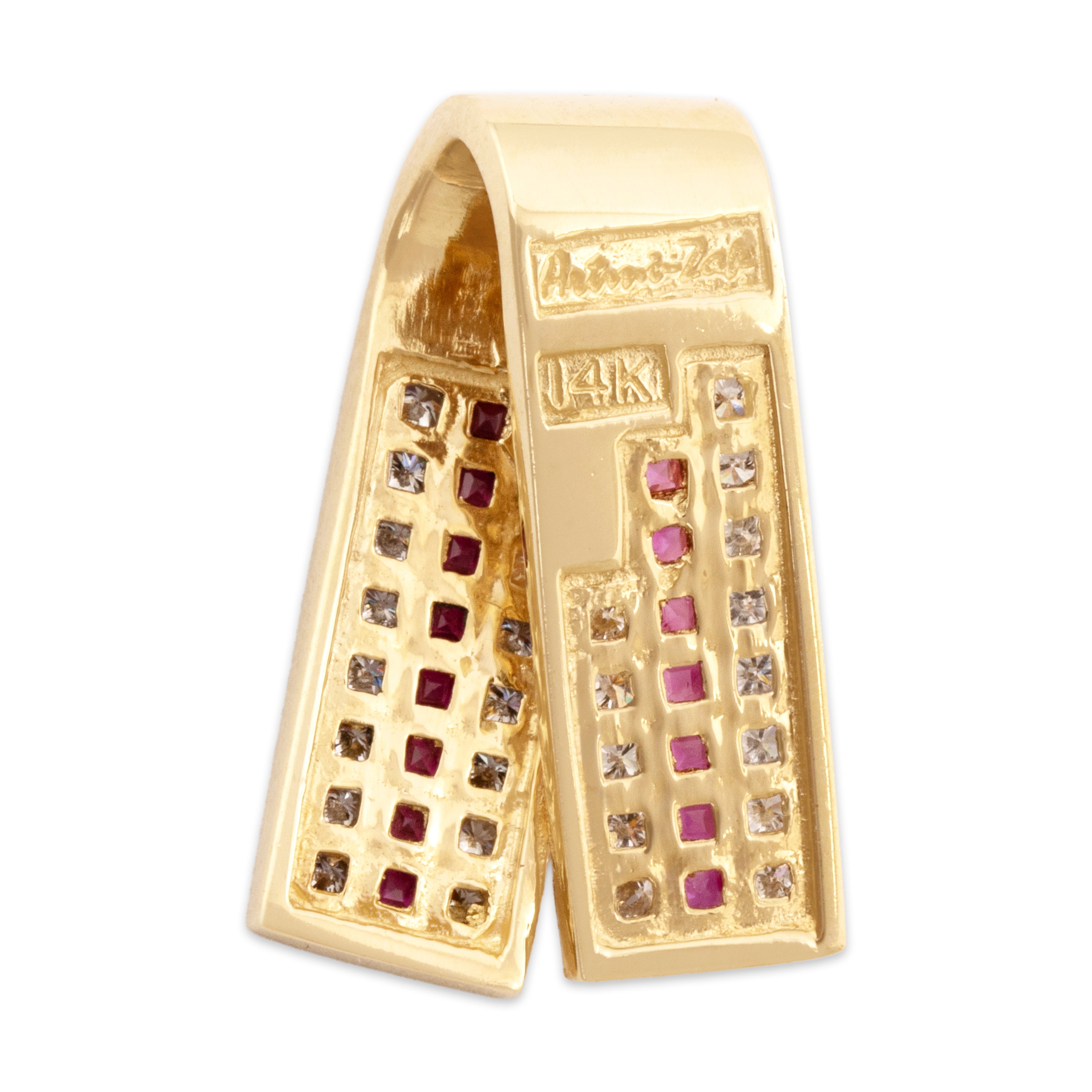 Vintage 14k Yellow Gold Ruby Diamond Incredible Tile Wraparound Slide Pendant - Back view