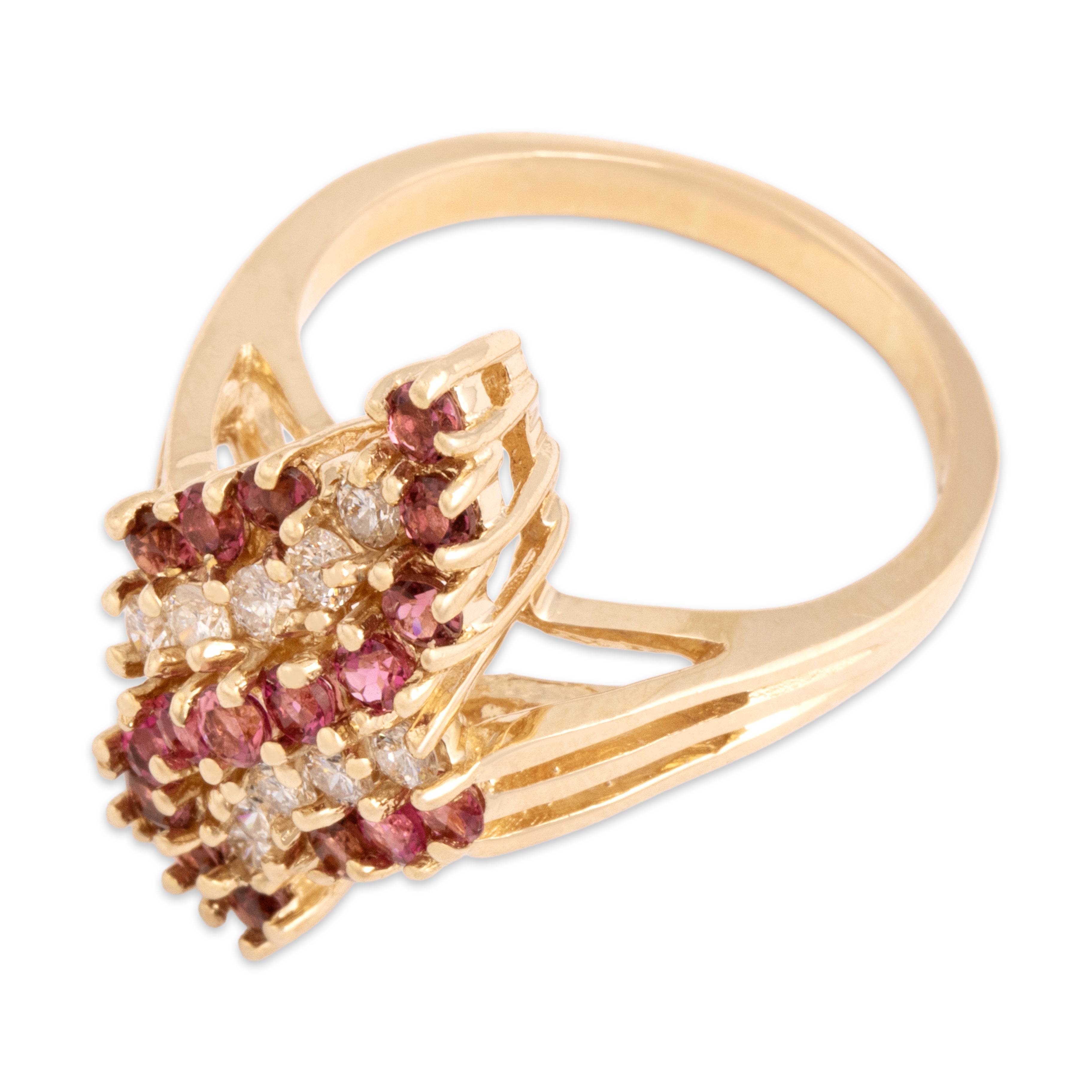 Vintage Large 14k Yellow Gold .6cttw Pink Tourmaline Diamond Swirling Cluster Ring - Overall view