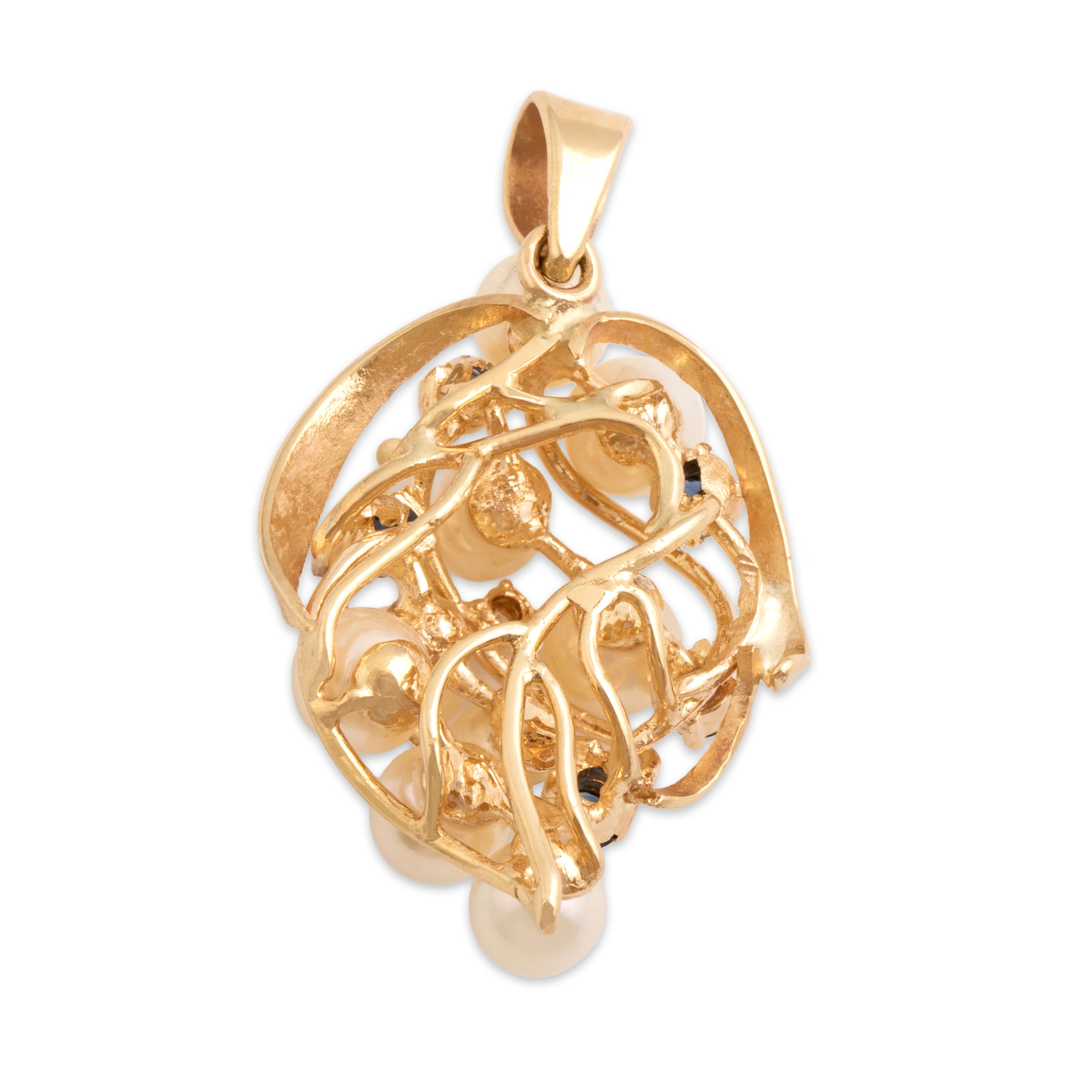 Vintage 14k Yellow Gold Pearl Blue Sapphire Diamond Swirling Cluster Dangle Charm / Pendant - Back view