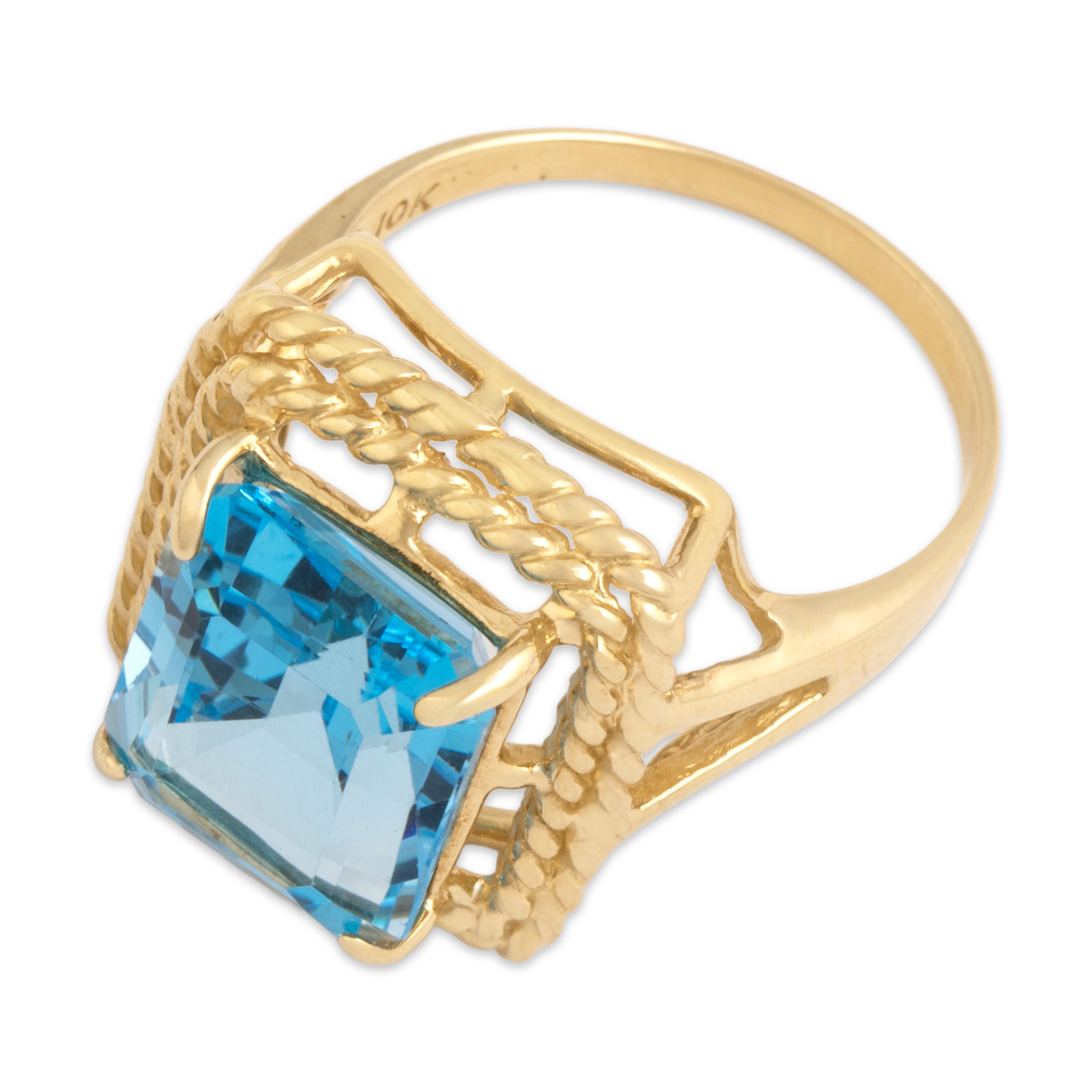 Vintage 10k Yellow Gold 7.77ct Blue Topaz Bright Rope-Framed Cocktail Ring - Overall view
