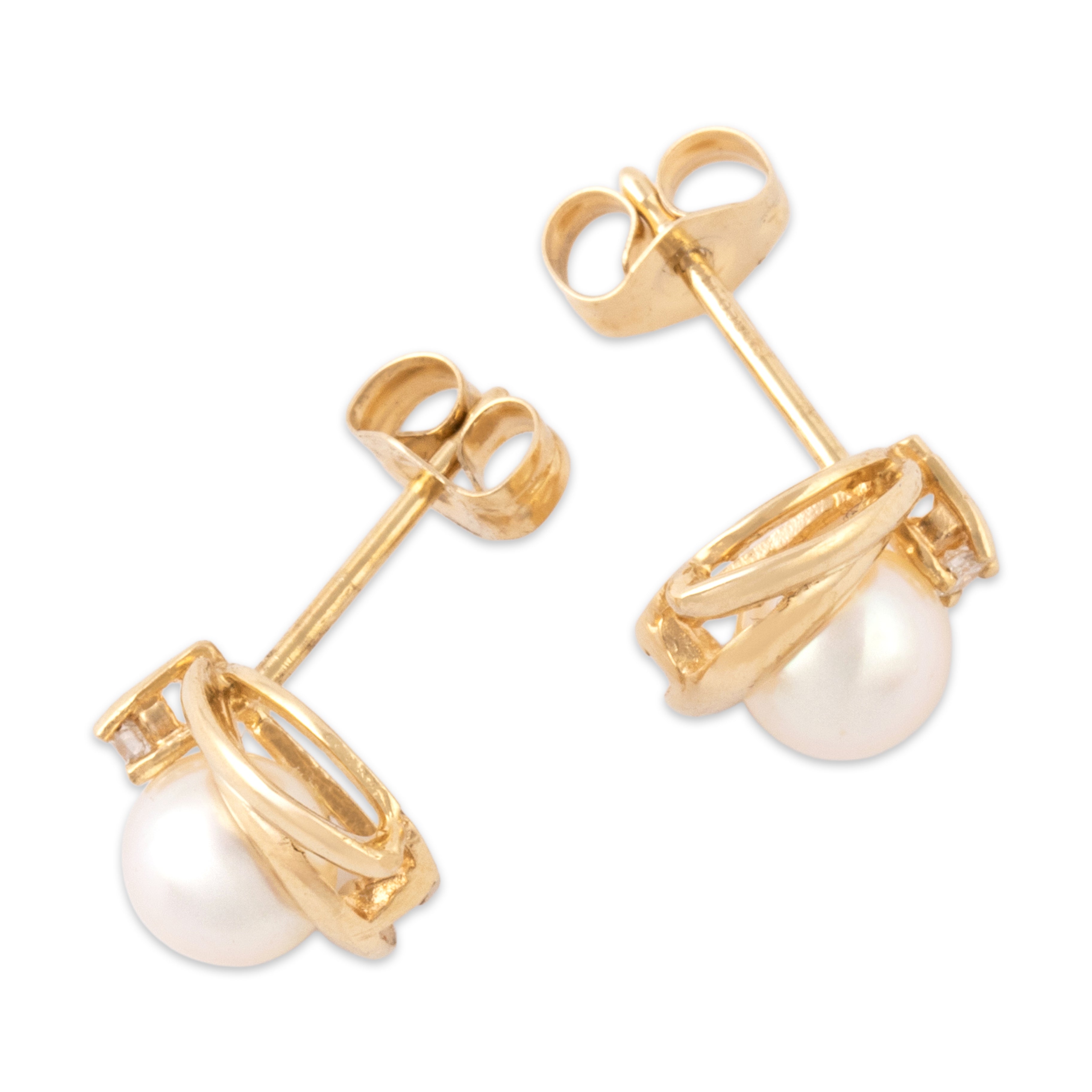 Vintage 14k Yellow Gold Pearl Diamond Elegant Duo Swoosh Stud Earrings - Side view
