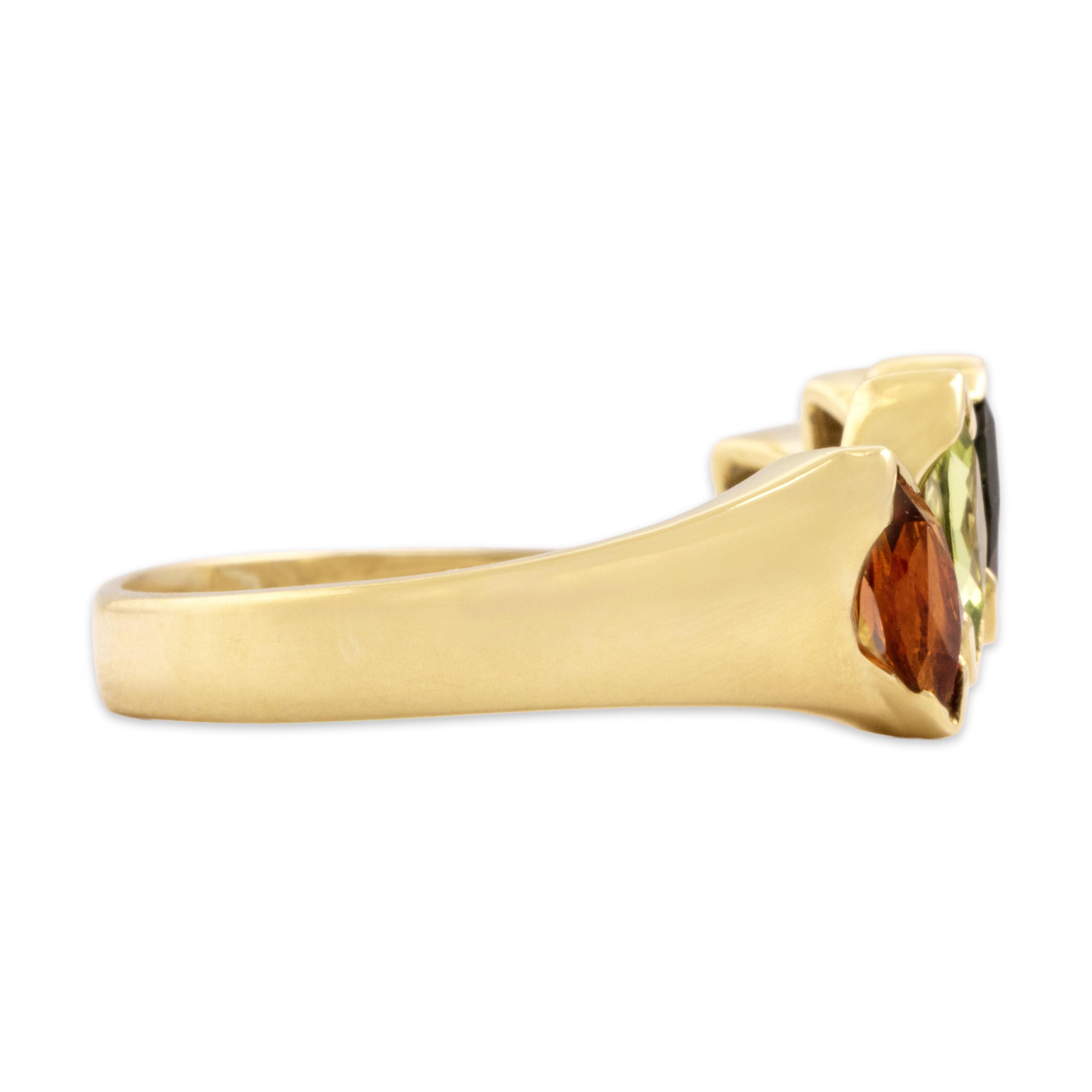 Vintage 14k Yellow Gold Pink Garnet Palmeira Citrine Green Tourmaline Iolite Aquamarine Peridot Arched Rainbow Marquise Ring - Side view