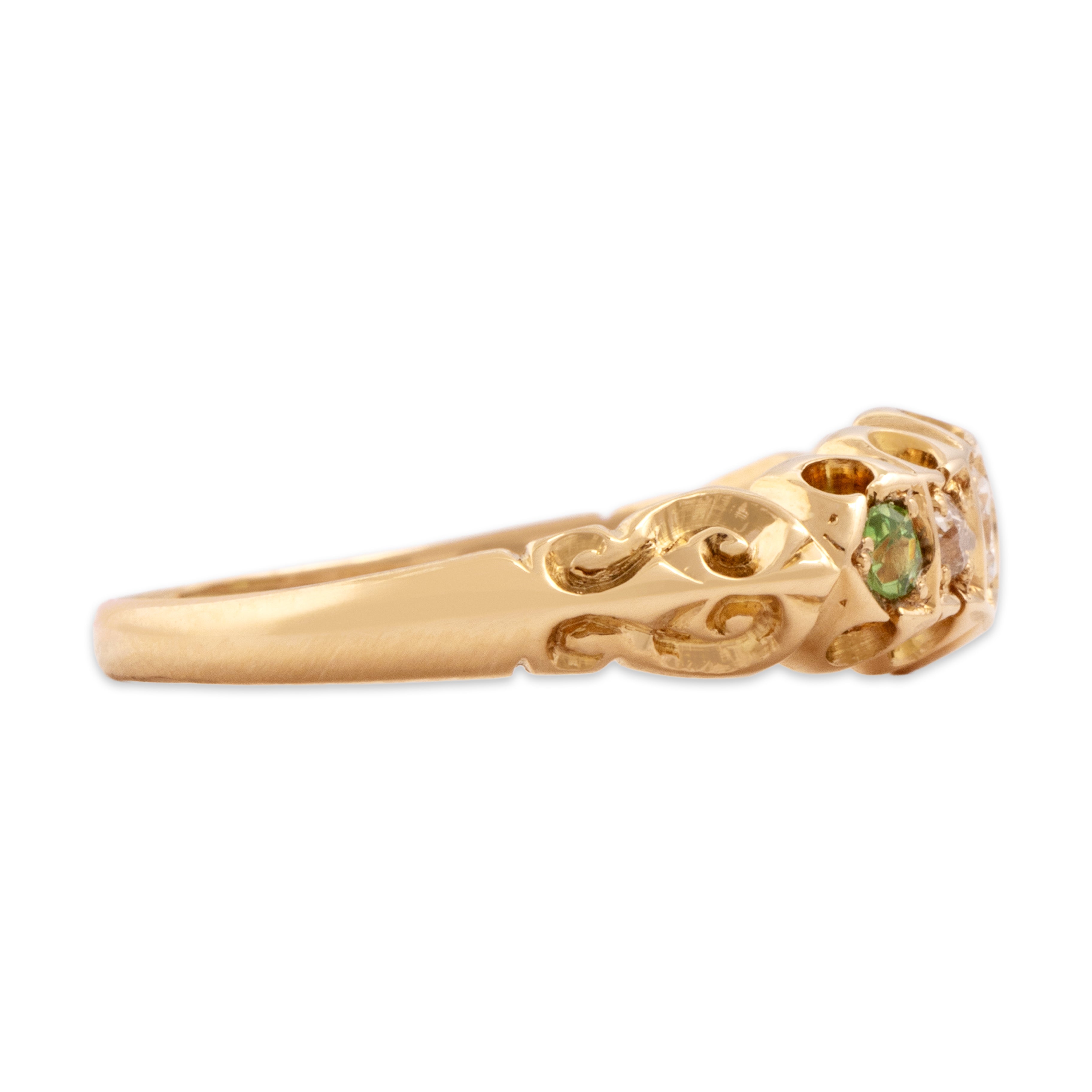 Antique 14k Yellow Gold Old Mine Cut Diamond Green Garnet Bright Ruffled Line Ring - Side view