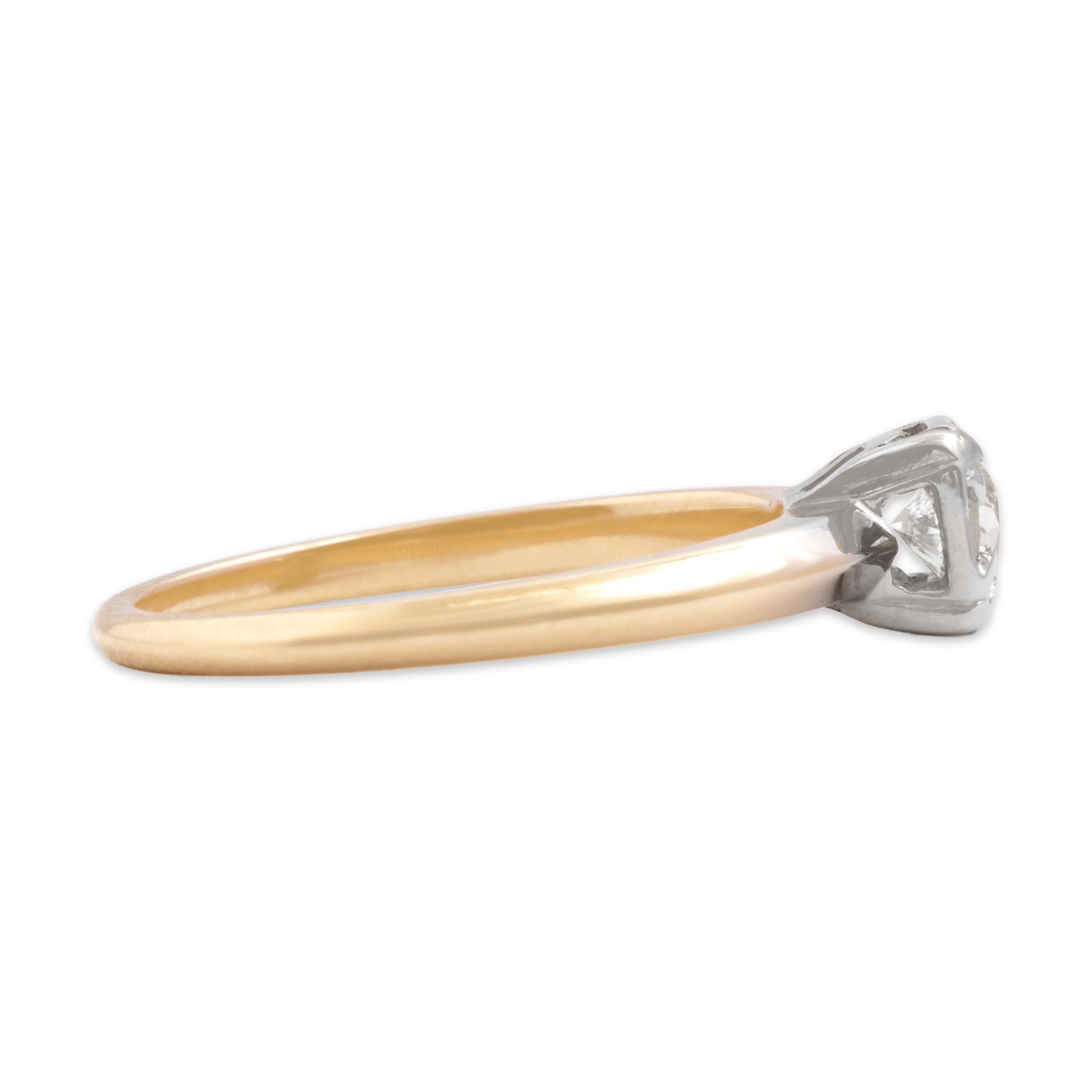 Vintage 14k Yellow & White Gold Old European Cut Diamond Sleek Knife-Edge Shoulder Square-Set Solitaire Ring - Side view