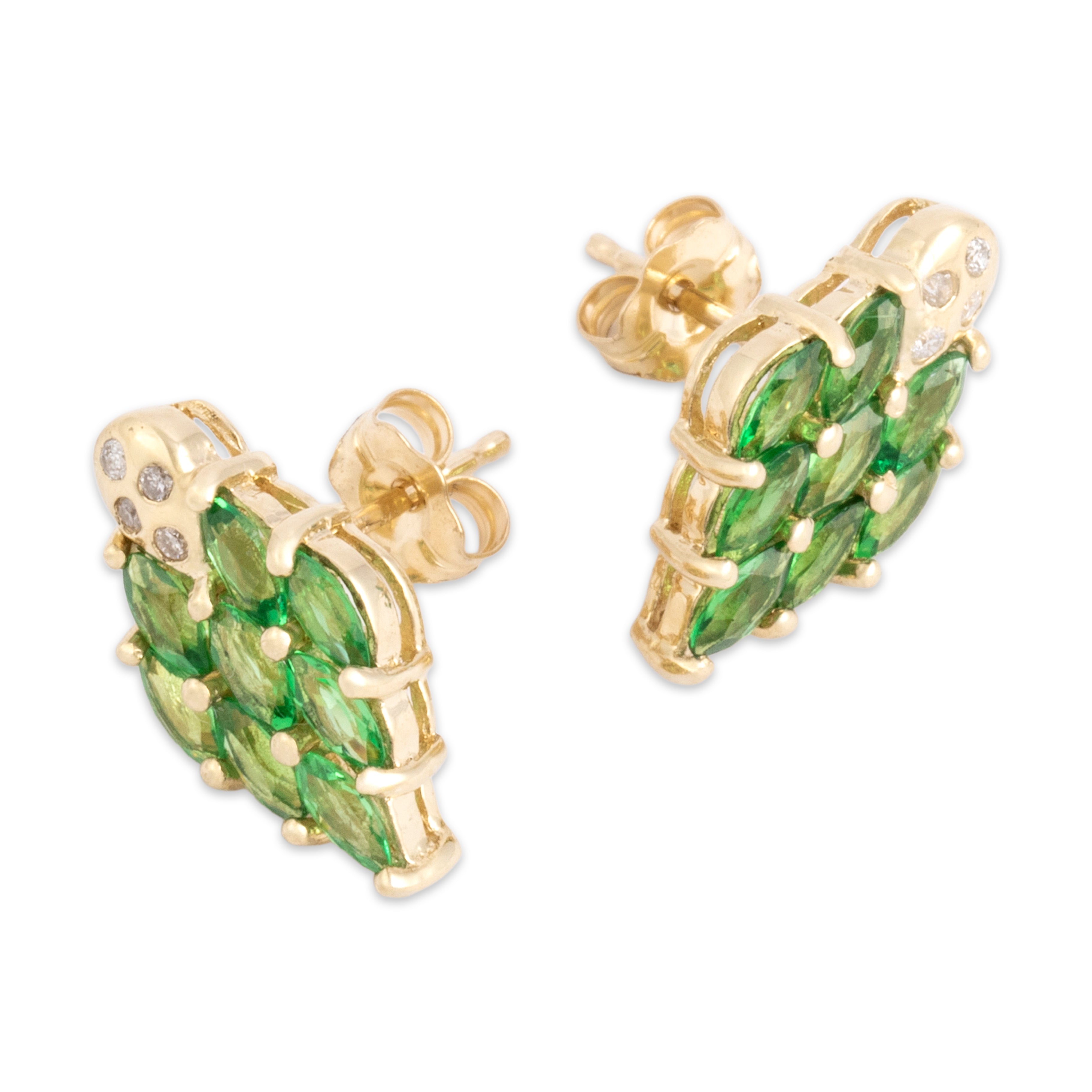 Vintage 14k Yellow Gold .77cttw Green Garnet Diamond Dynamic Bright Cluster Stud Earrings - Side view
