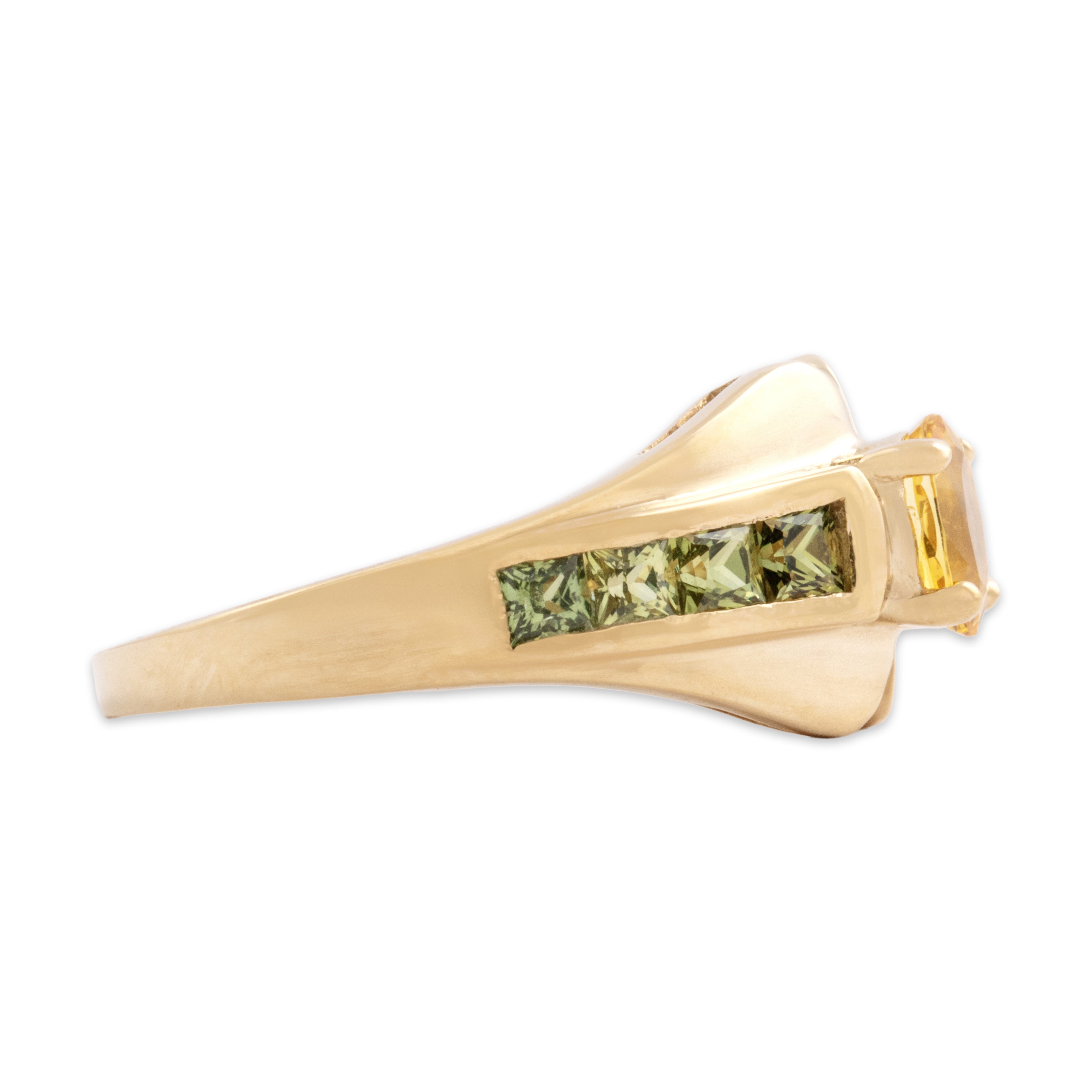 Vintage 14k Yellow Gold 1.34cttw Green Yellow Sapphire Vibrant Channel Shoulder Ring - Side view