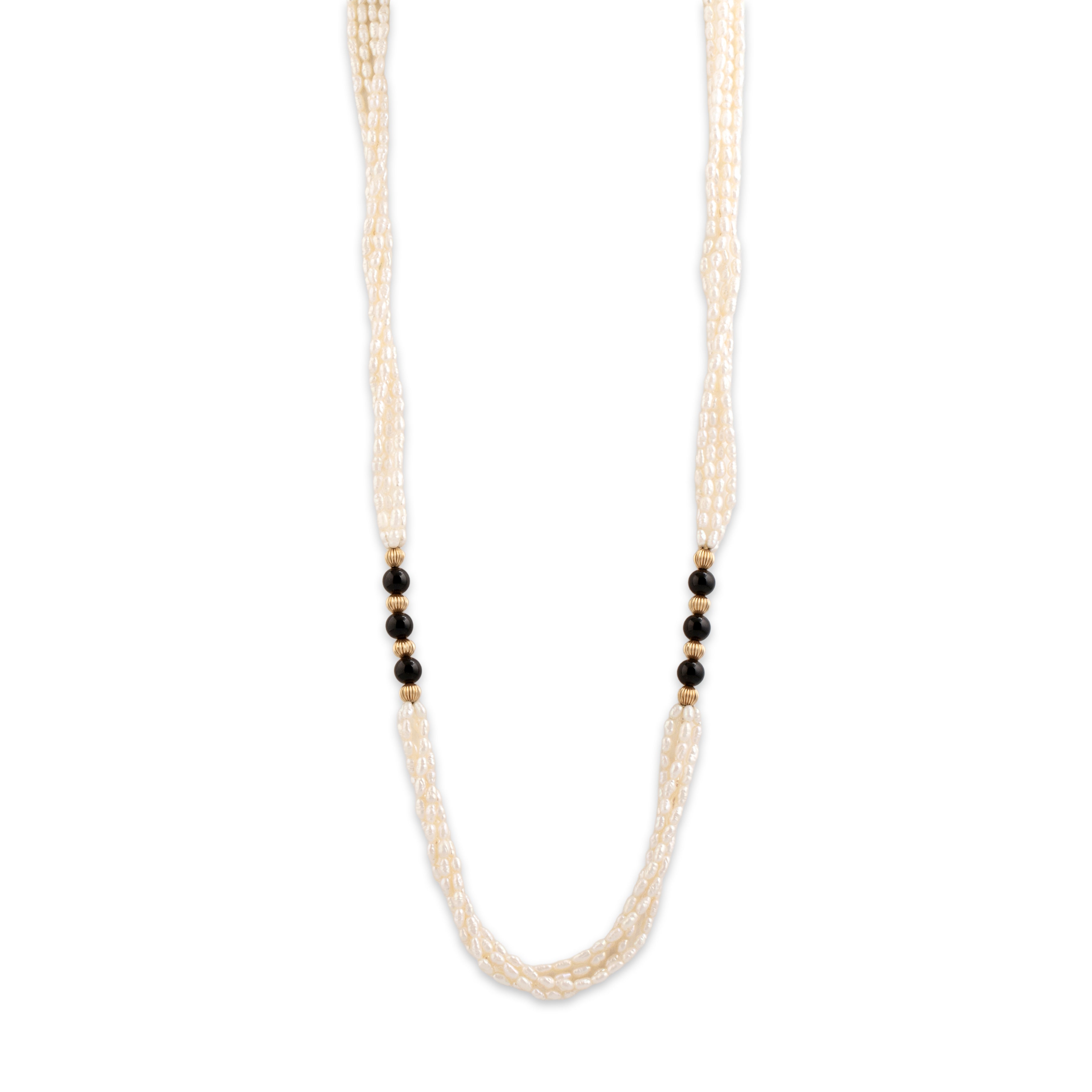 Vintage 14k Yellow Gold Seed Pearl Black Glass Long Naturalistic Beaded Necklace - detail view #1