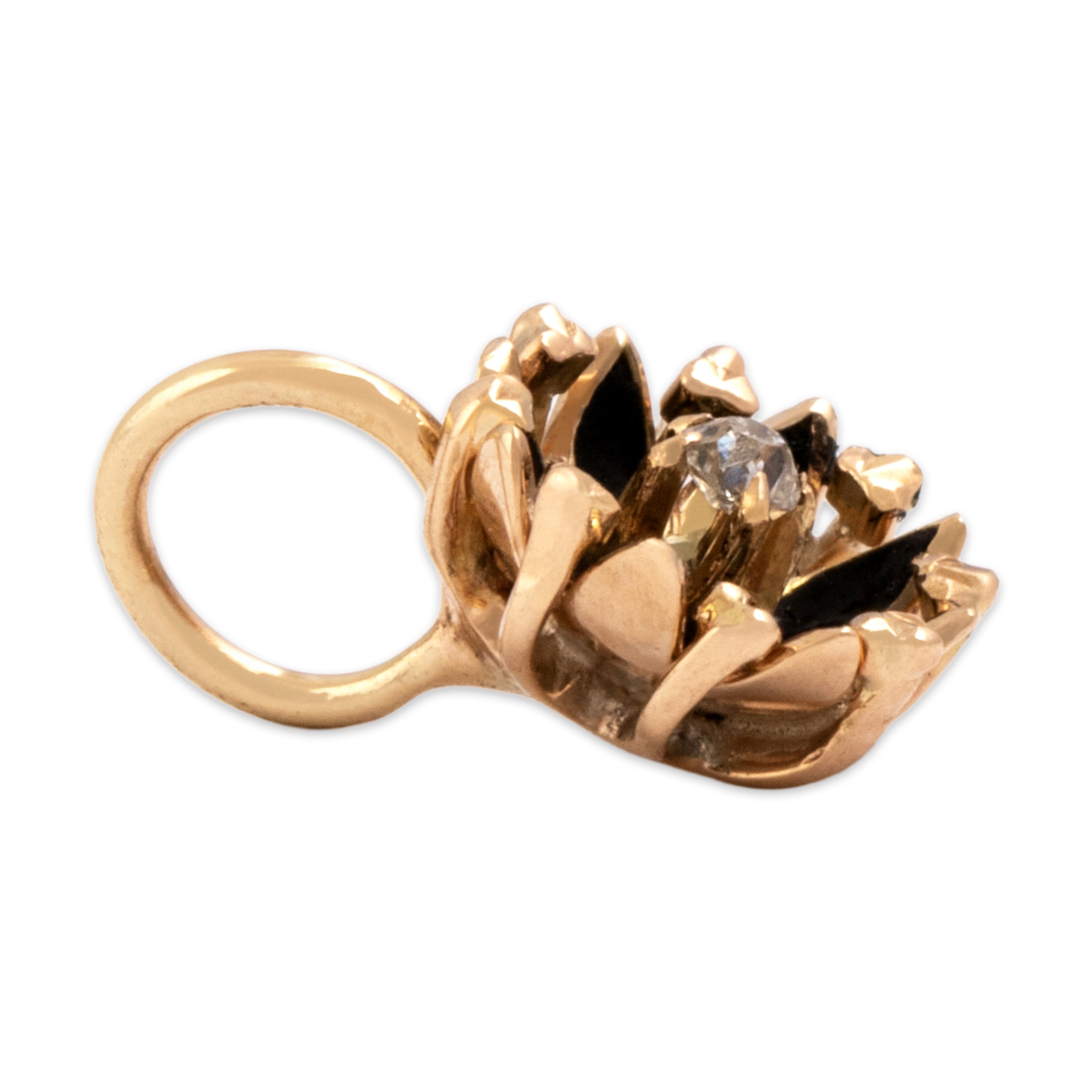 Antique Small 14k Yellow Gold Old Mine Cut Diamond Black Enamel Flower Charm / Pendant - Side view