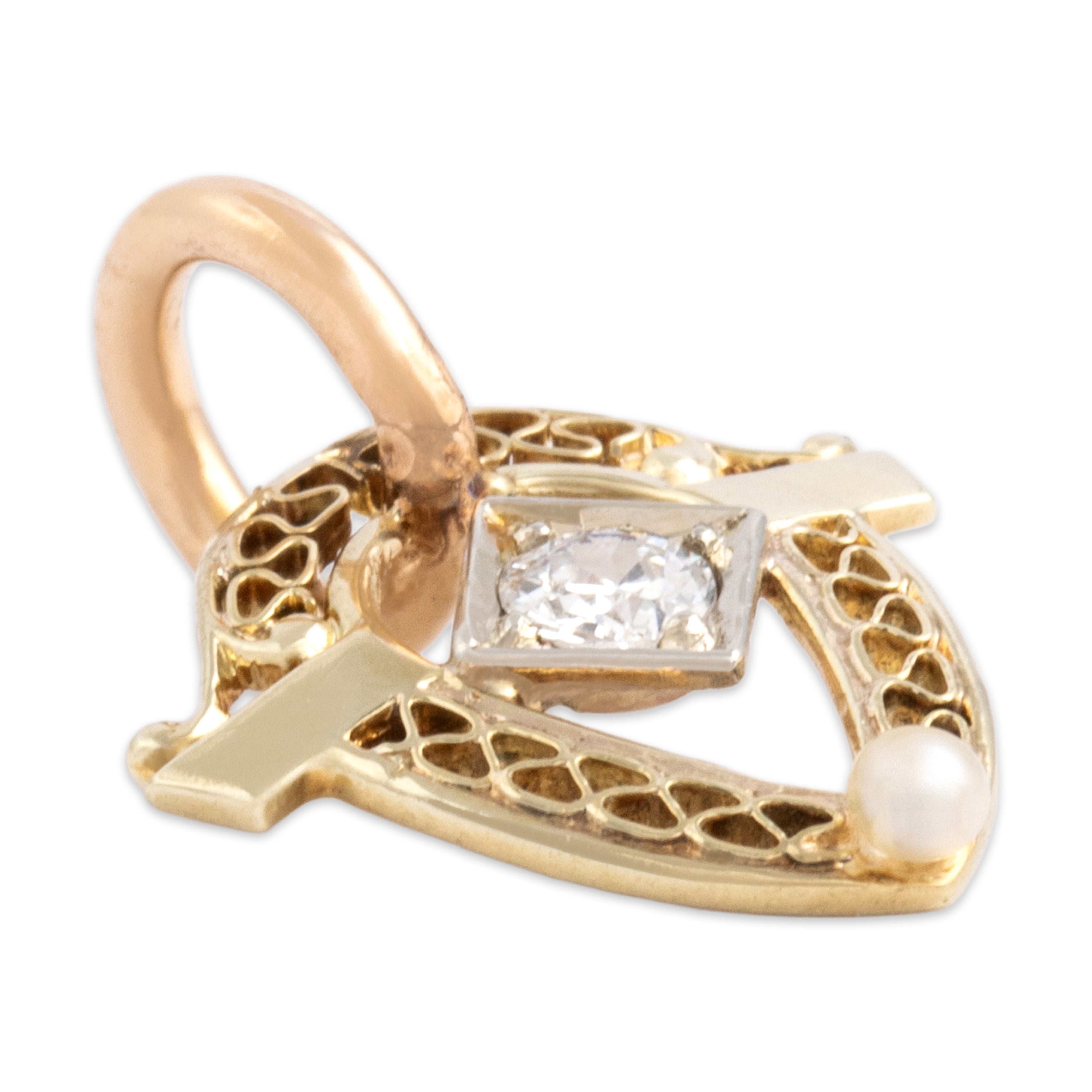 Antique Art Deco 14k Yellow Gold Old European Cut Diamond Pearl Lovely Openwork Slide Pendant - detail view #1