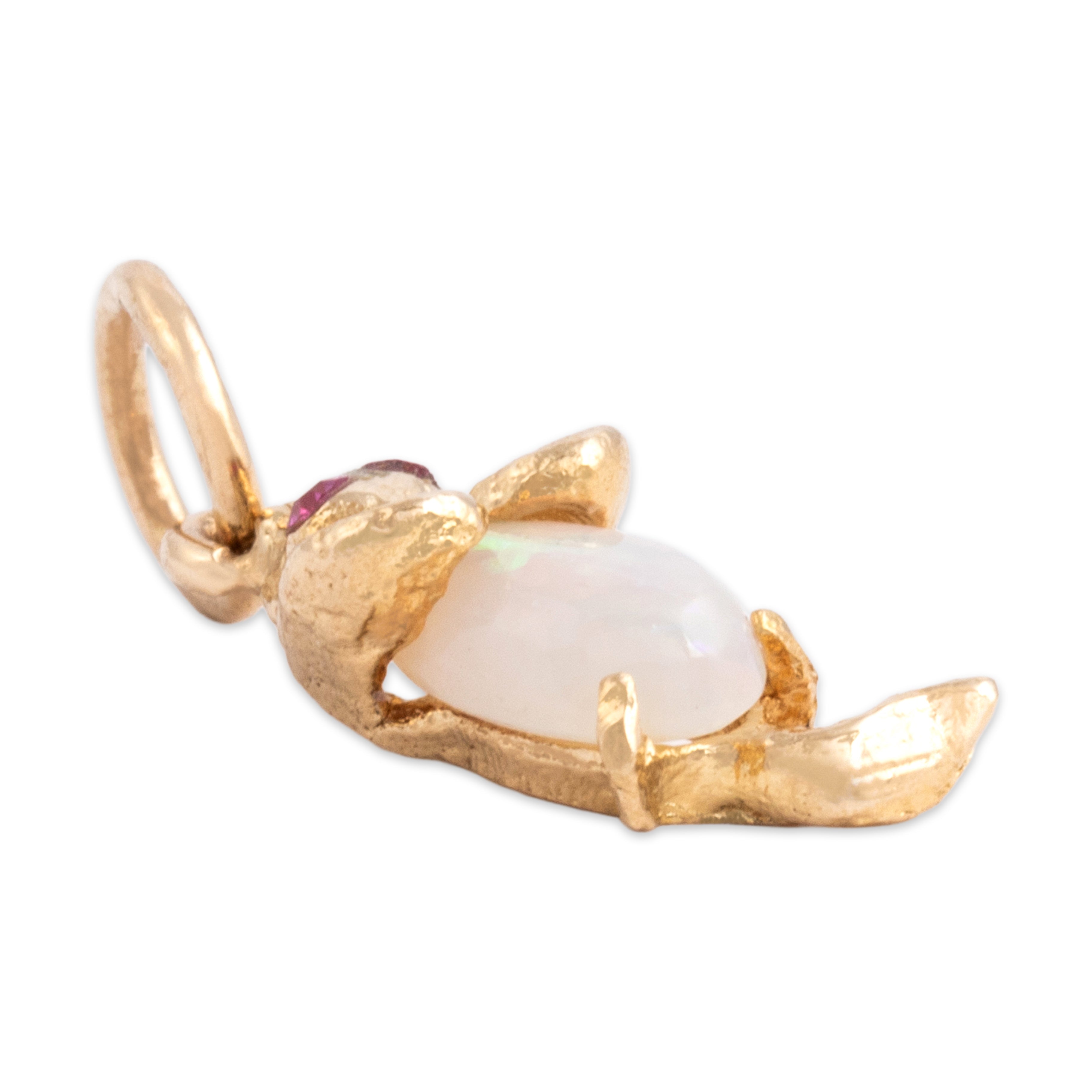 Antique Small 14k Yellow Gold Natural Opal Pink Synthetic Sapphire Adorable Scurrying Mouse Charm / Pendant - Side view