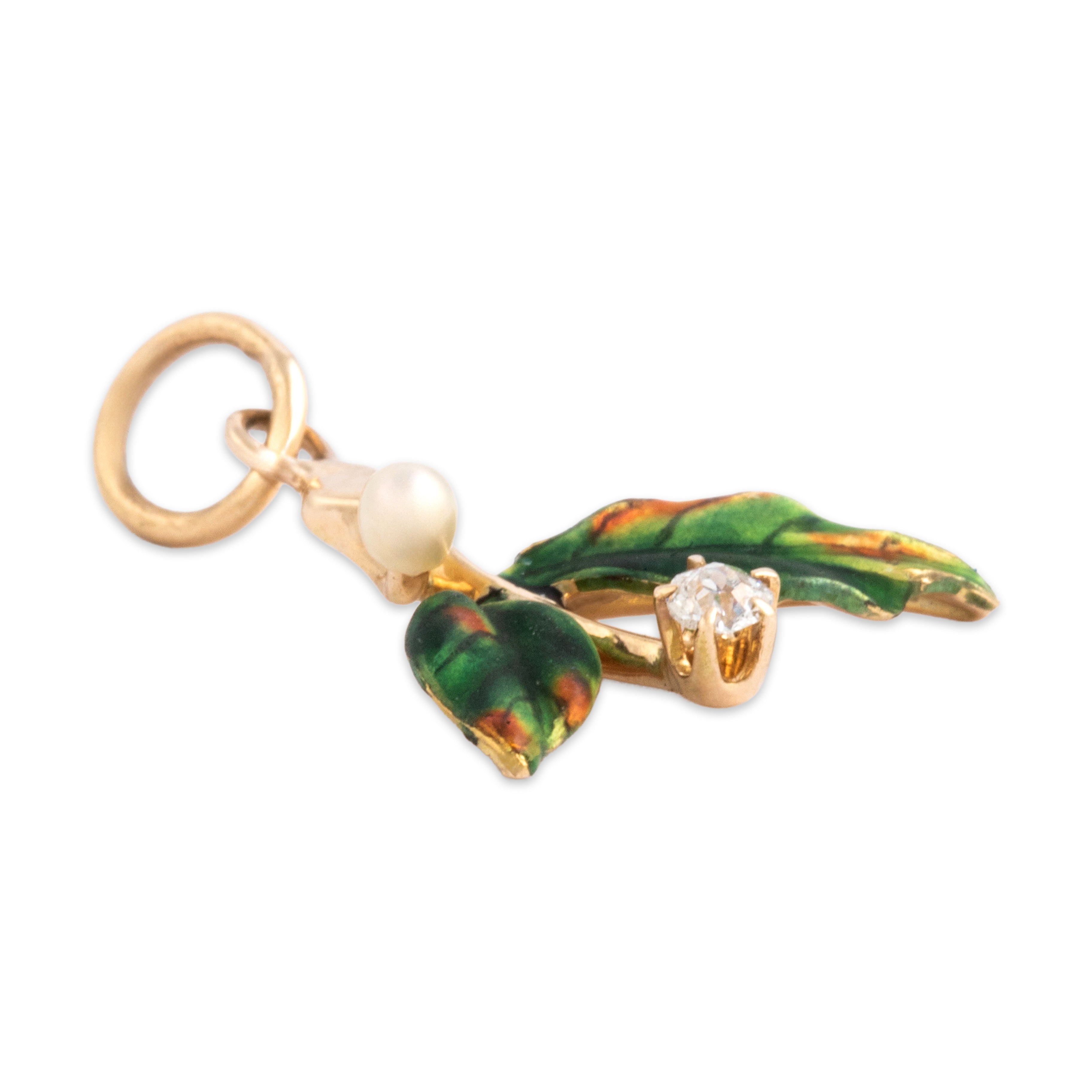 Antique Art Nouveau 14k Yellow Gold Old Mine Cut Diamond Pearl Beautiful Enamel Leafy Berry Charm / Pendant - detail view #1