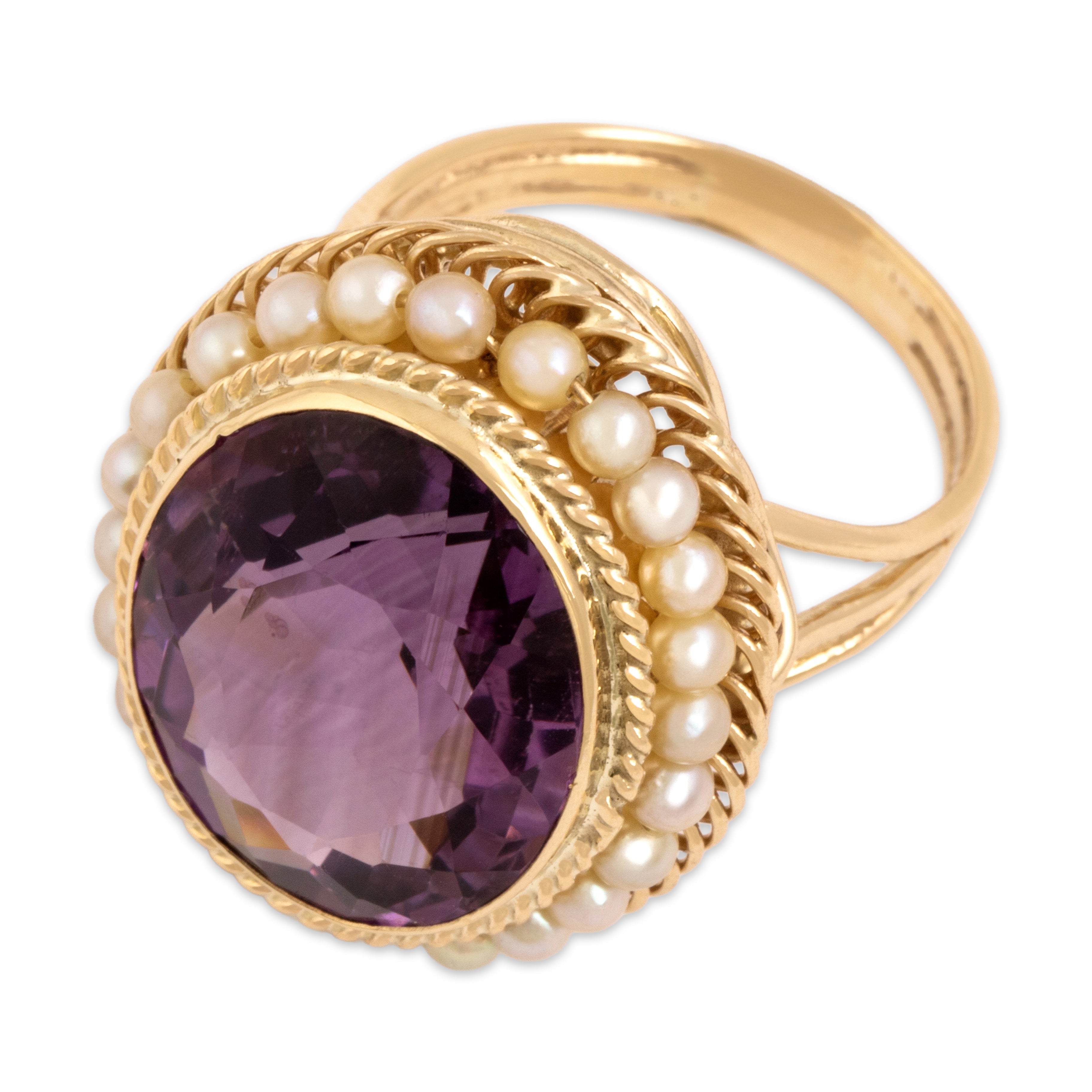 Vintage Large 14k Yellow Gold 13.21ct Amethyst Pearl Halo Framed Cocktail Ring - Overall view