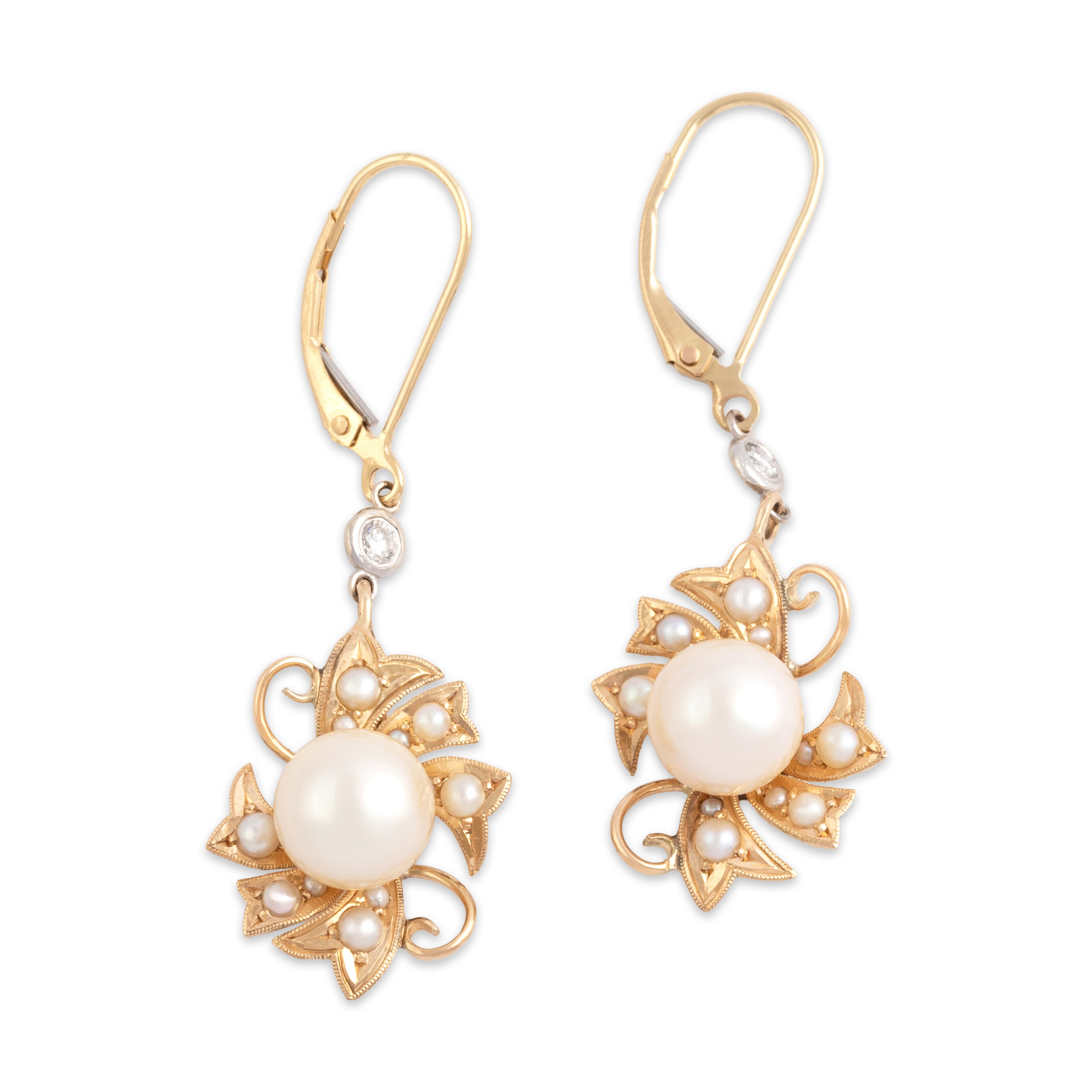 Vintage 14k Yellow & White Gold Diamond Pearl Stunning Luminous Swirl Long Dangle Earrings - Overall view