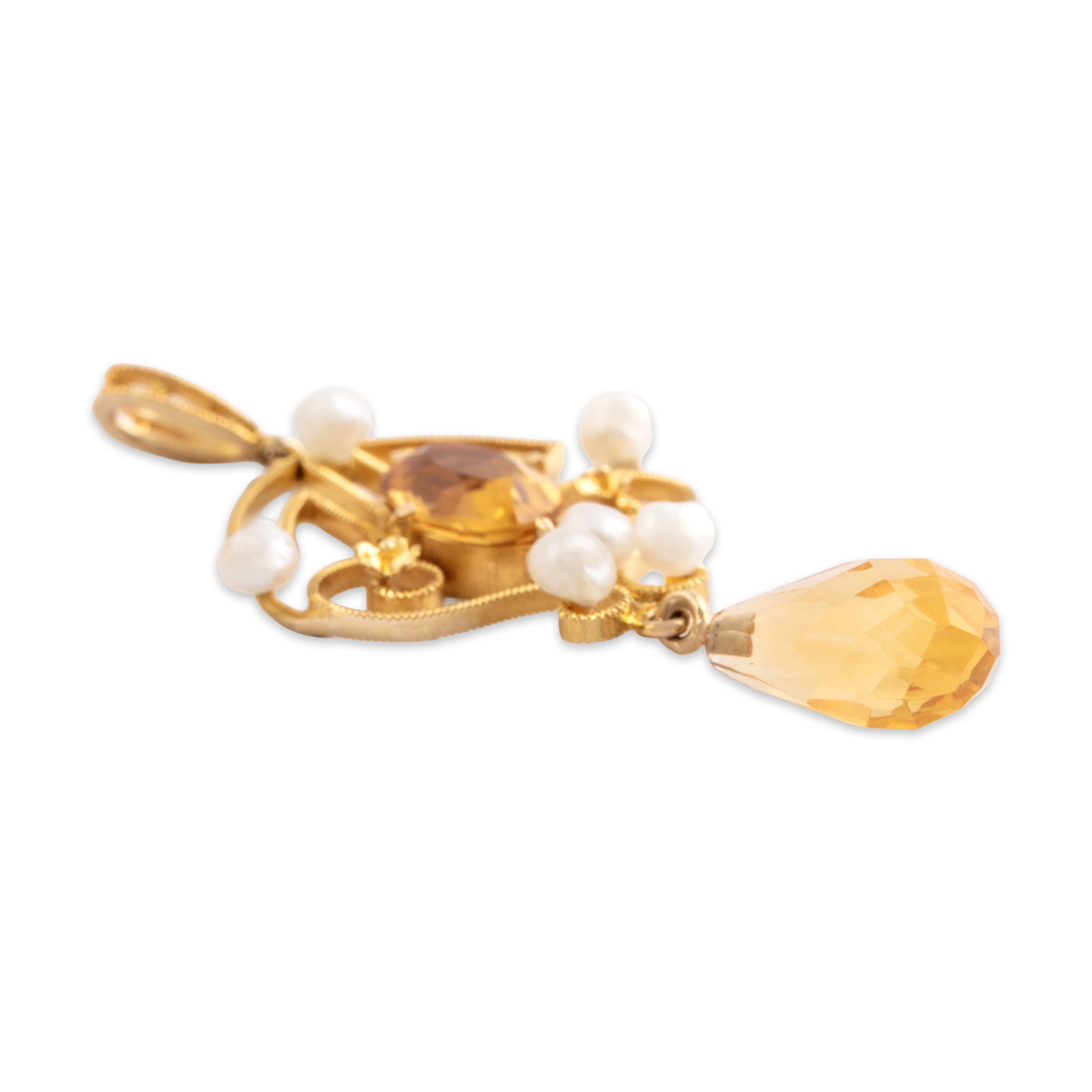 Vintage 14k Yellow Gold 2.4cttw Citrine Seed Pearl Geometric Floral Briolette Dangle Pendant - detail view #1