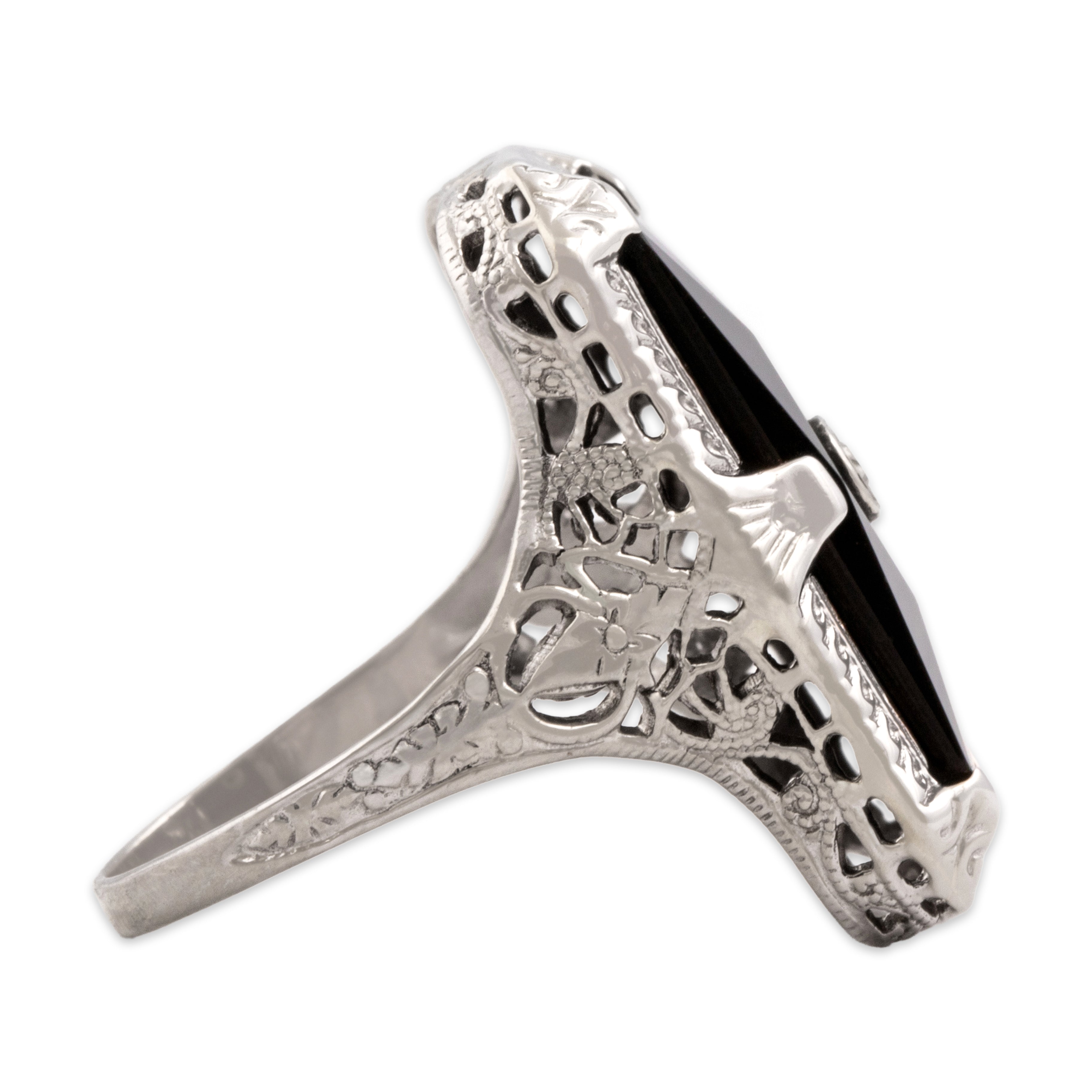 Antique Art Deco 14k White Gold 3.24ct Onyx Diamond Striking Faceted Decorated Openwork Ring - Side view