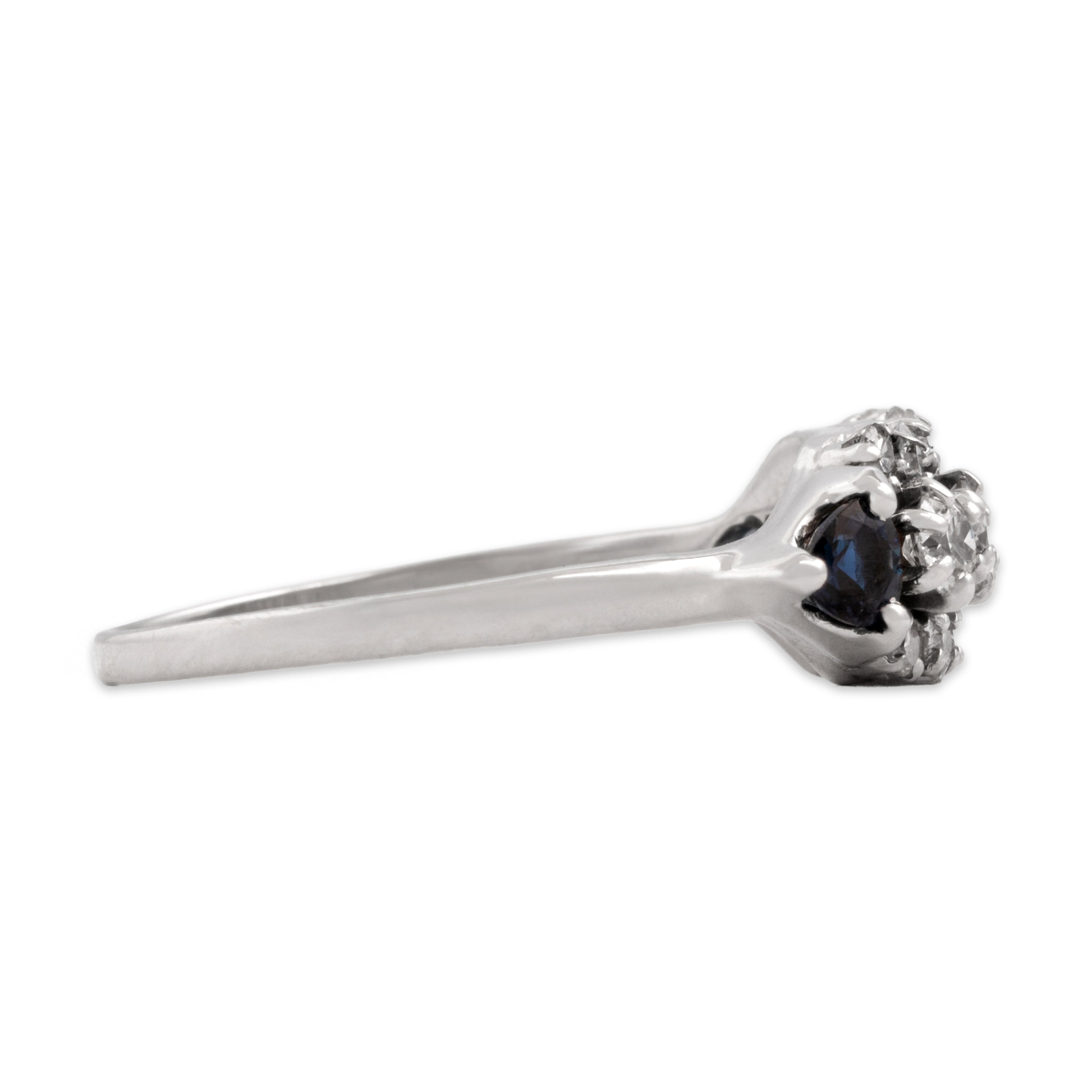 Vintage 14k White Gold .9cttw Old Mine Cut Diamond Blue Sapphire Dazzling Bar Triple Line Ring - Side view