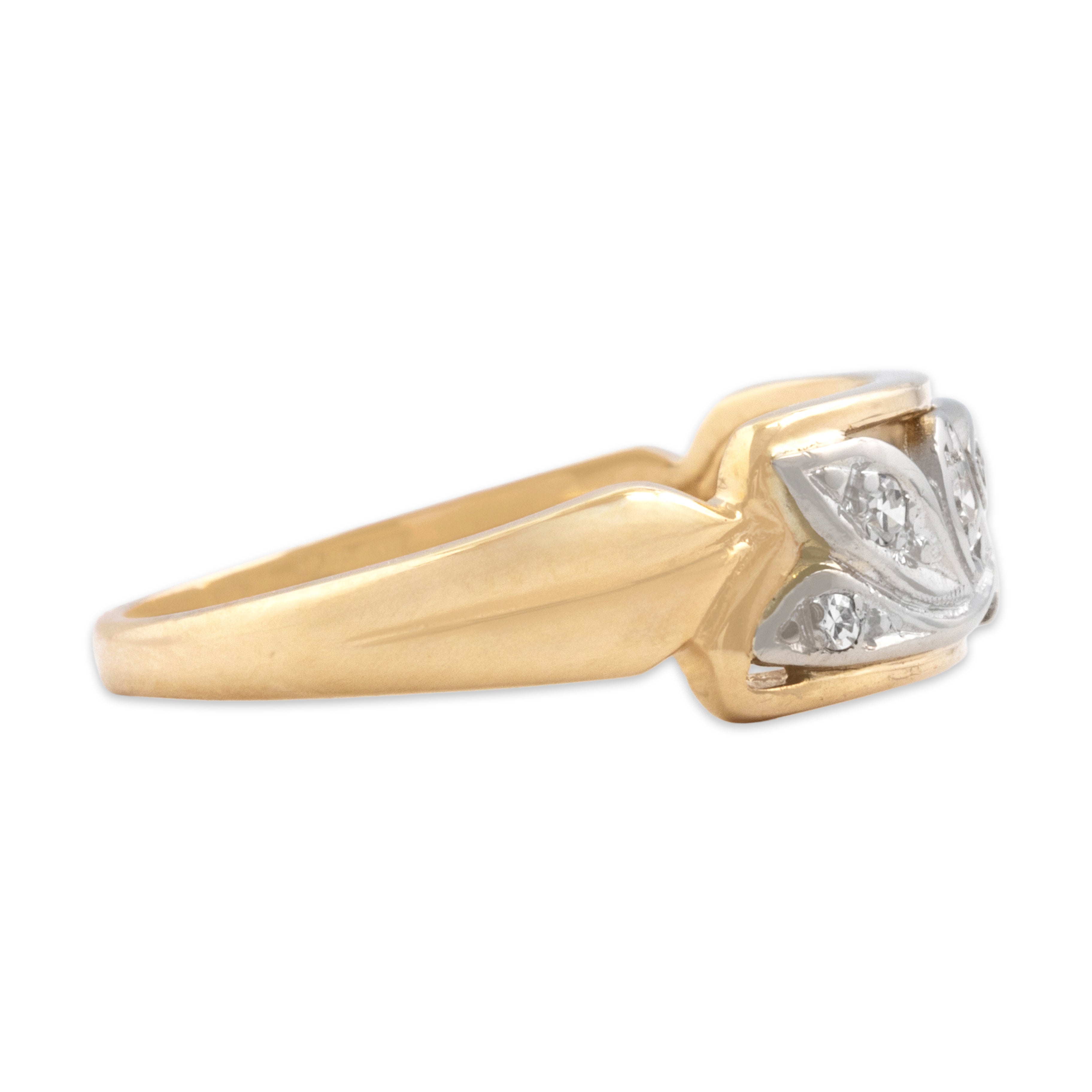 Vintage 14k Yellow & White Gold Diamond Naturalistic Laurel Bar Band Ring - Side view