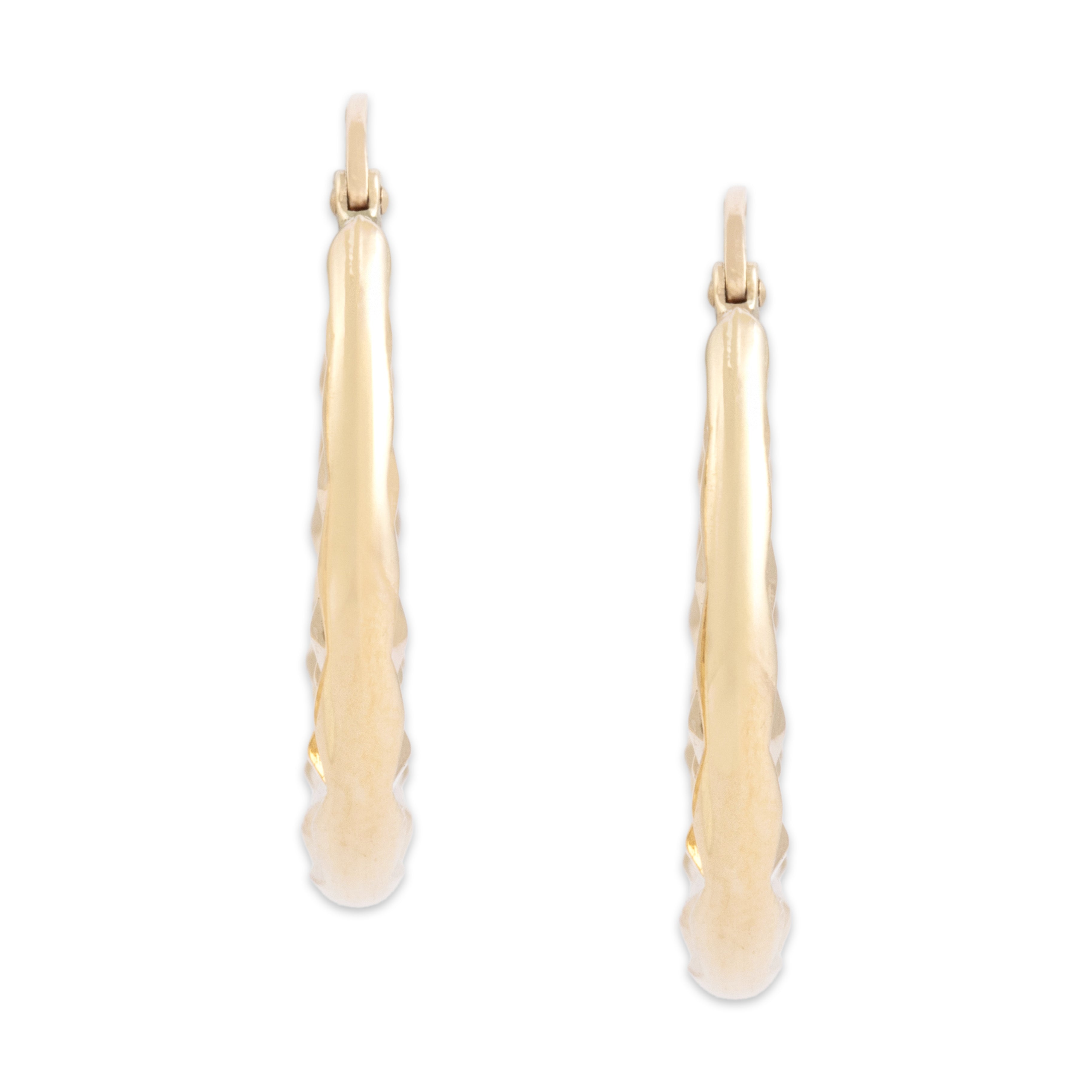 Vintage Lightweight 14k Yellow Gold Rhombus Textured Hoop Earrings - Overall view