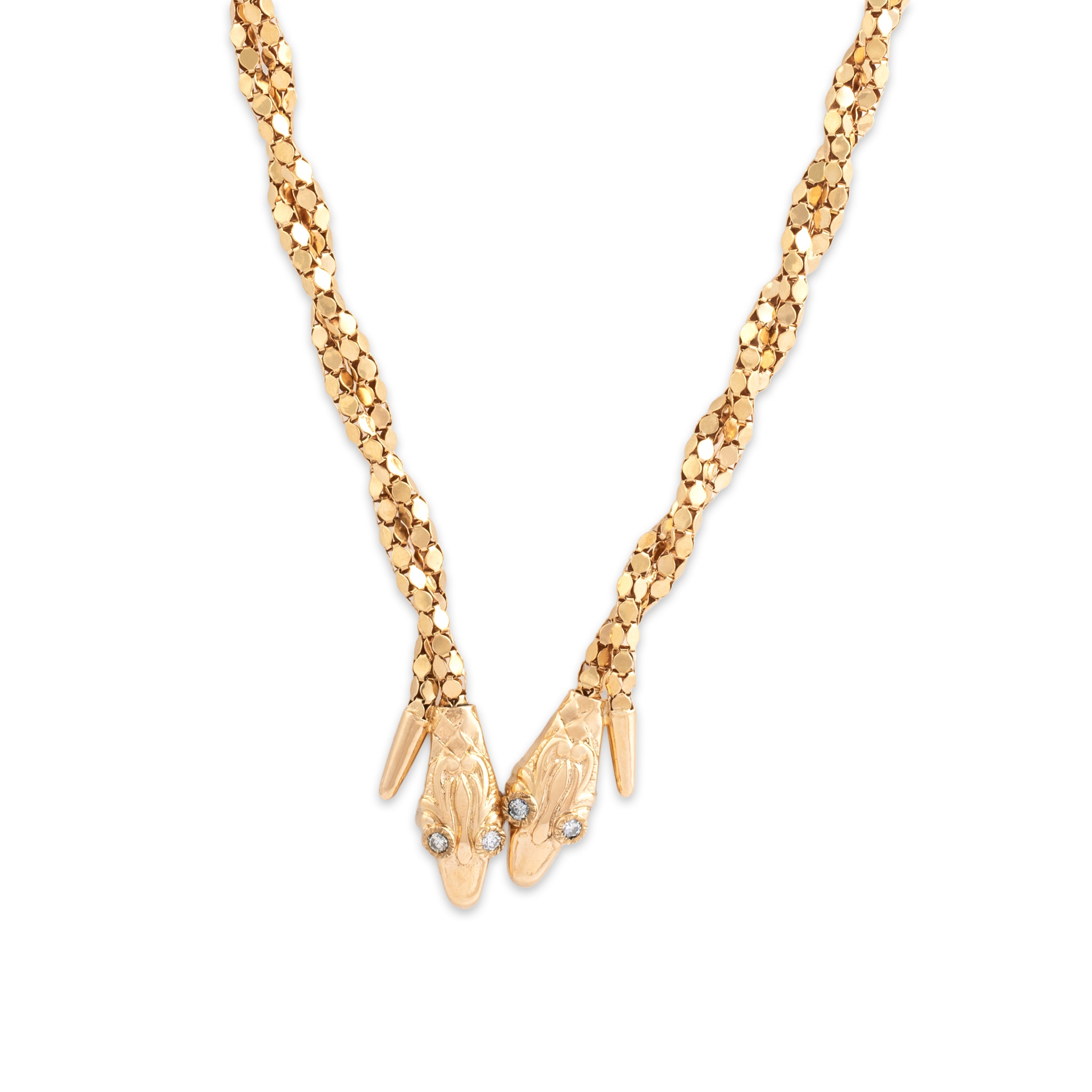 Vintage Italian 18k Yellow Gold Diamond Bold Twin Snake Dimensional Twisting Chain Necklace - detail view #1
