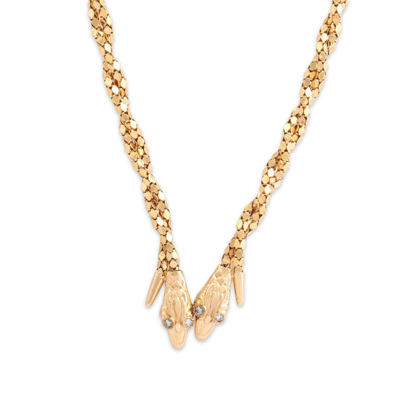 Vintage Italian 18k Yellow Gold Diamond Bold Twin Snake Dimensional Twisting Chain Necklace - detail view #1