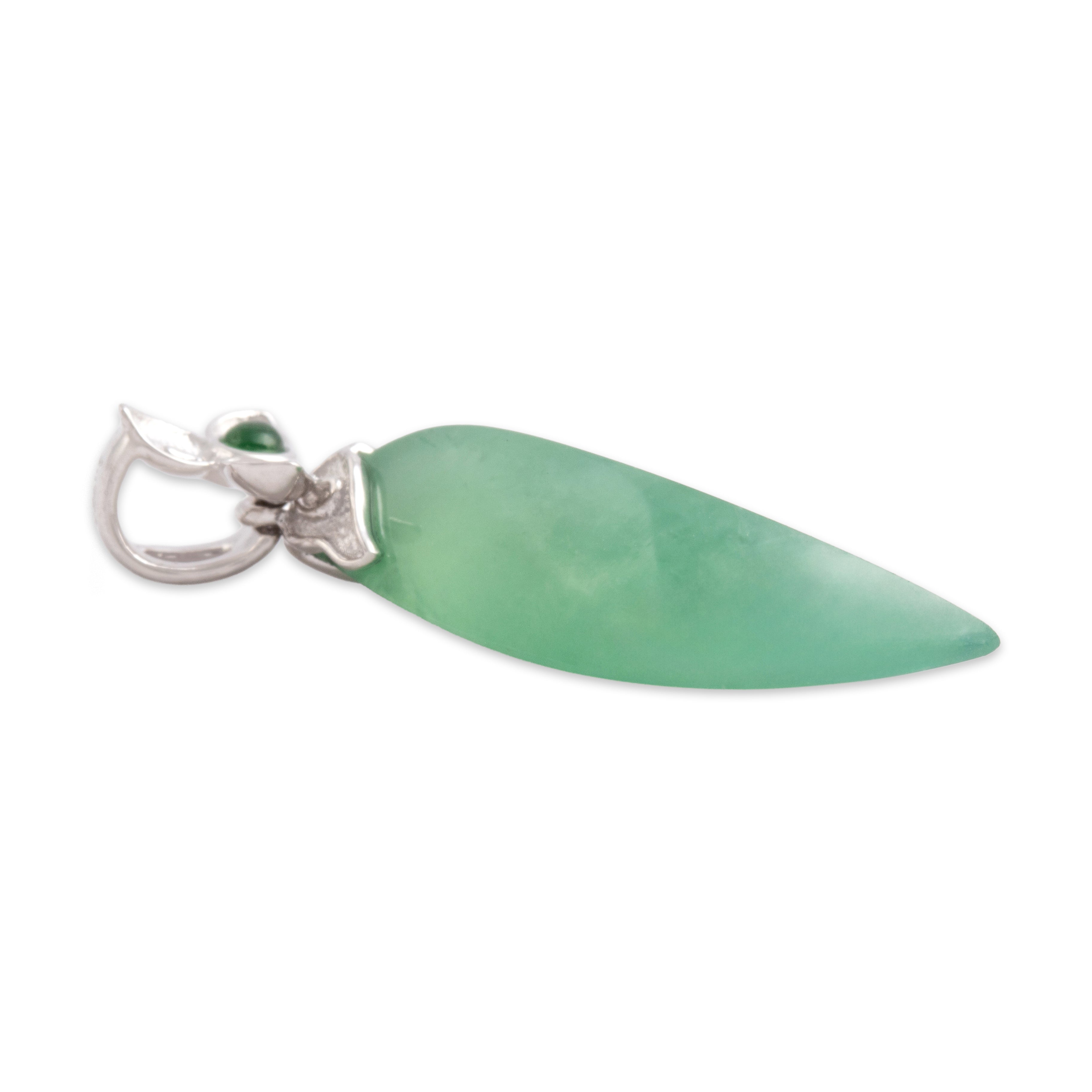 Estate 18k White Gold 9.96ct Jade Green Chalcedony Flowering Naturalistic Leaf Pendant - Side view