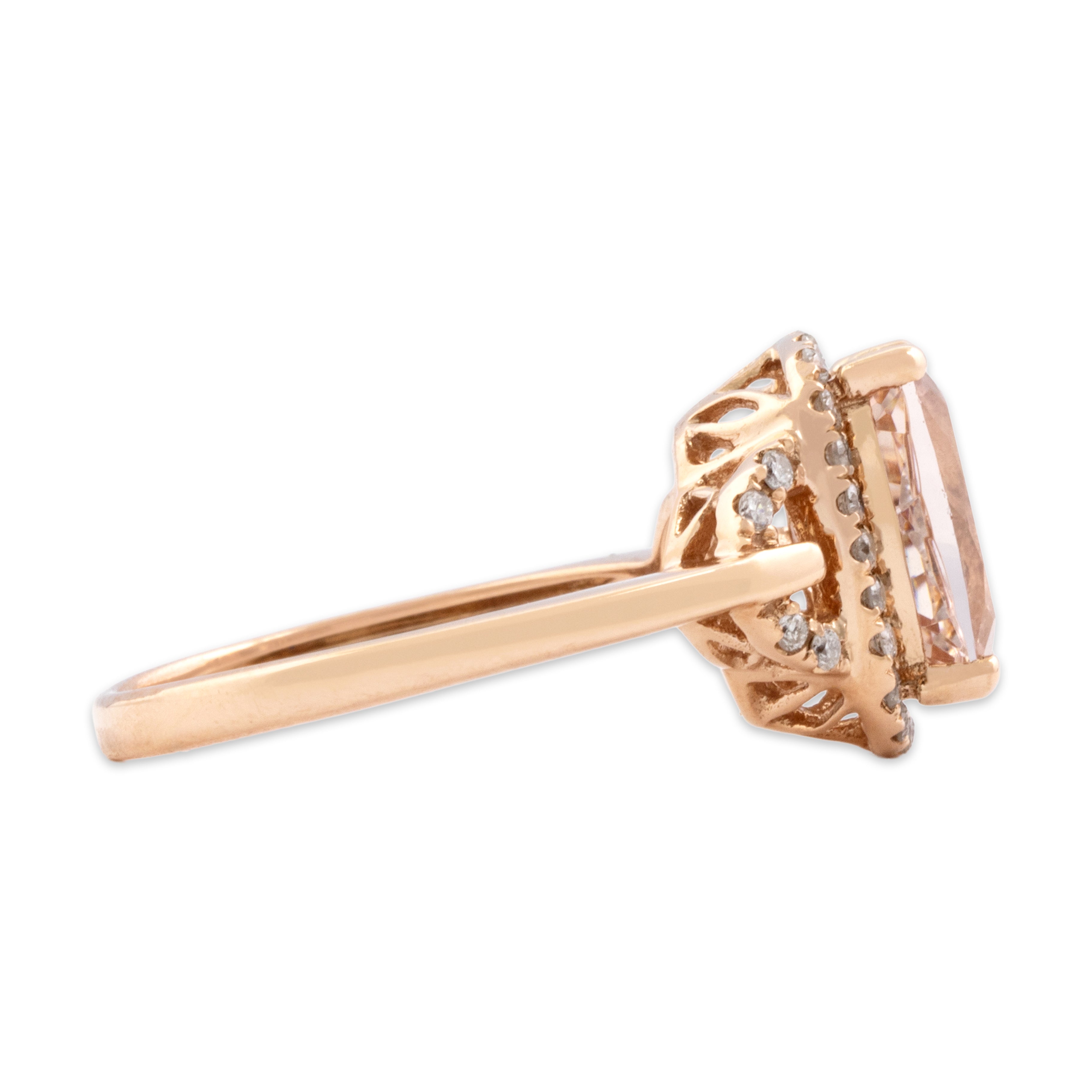 Vintage 14k Rose Gold 1.84ct Morganite Diamond Gleaming Rectangular Cushion Halo Ring - Side view