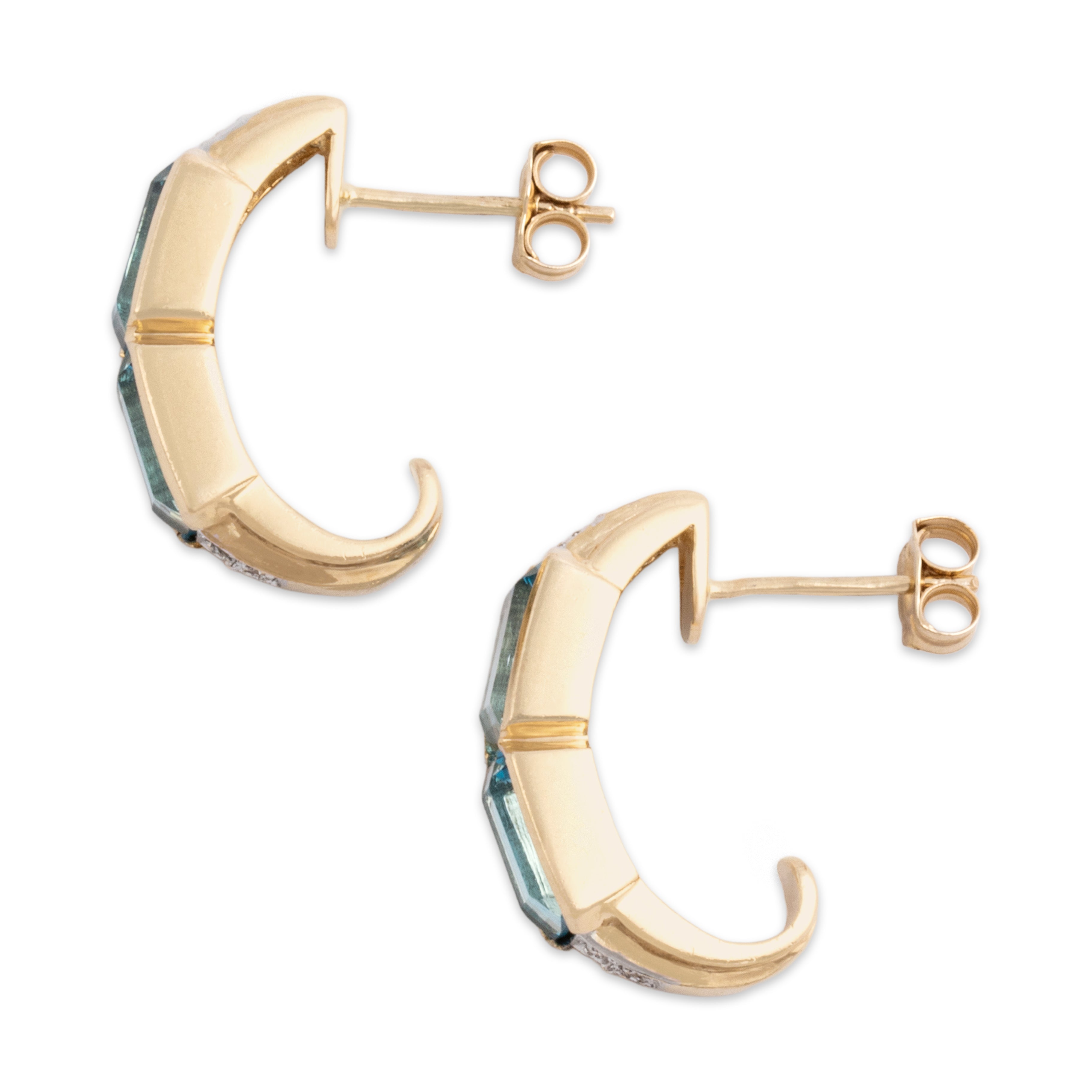 Vintage 14k Yellow Gold 4.72cttw Blue Topaz Diamond Chic Bright Bezel Partial Hoop Earrings - Side view