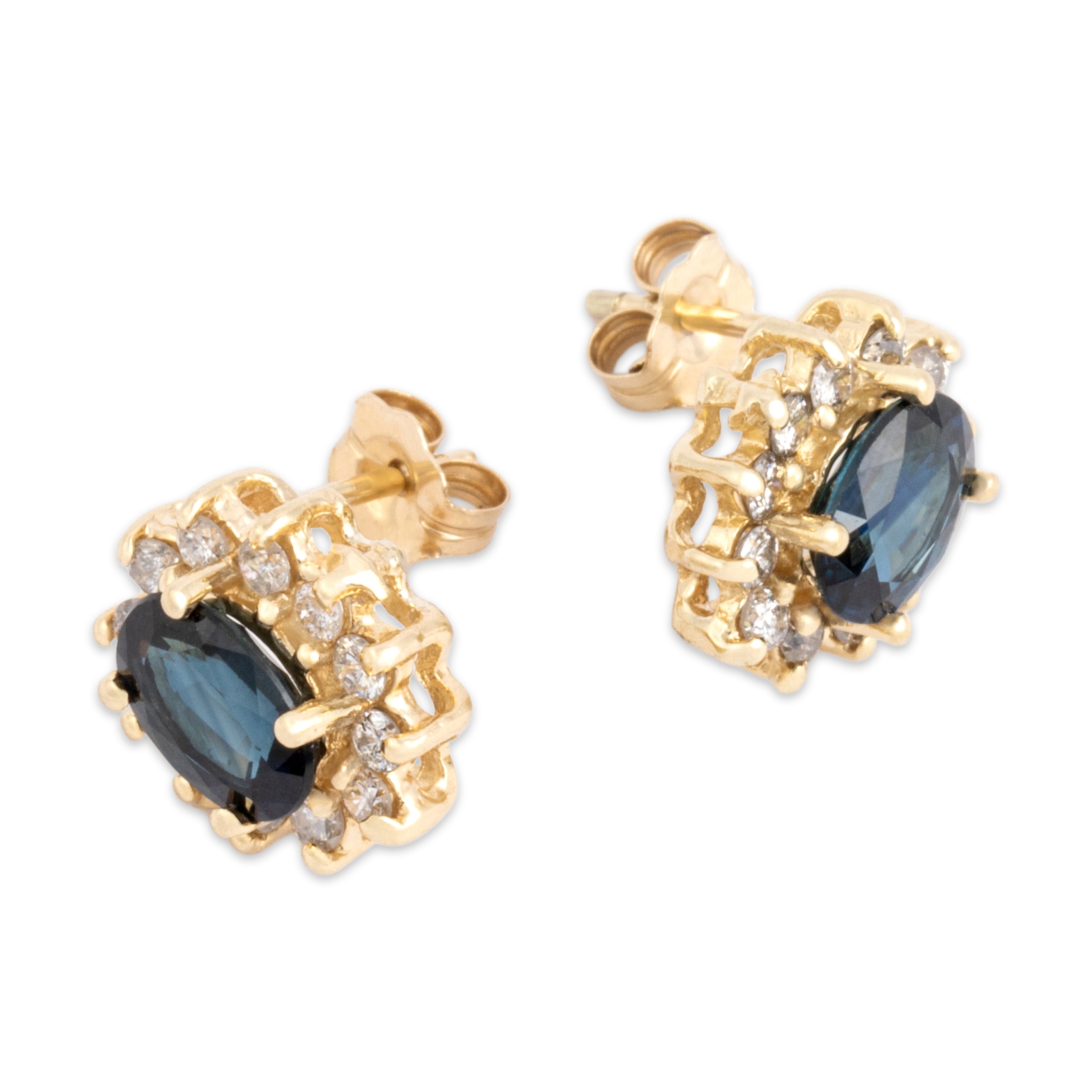 Vintage 14k Yellow Gold 1.5cttw Blue Sapphire Diamond Elegant Classic Halo Stud Earrings - Side view