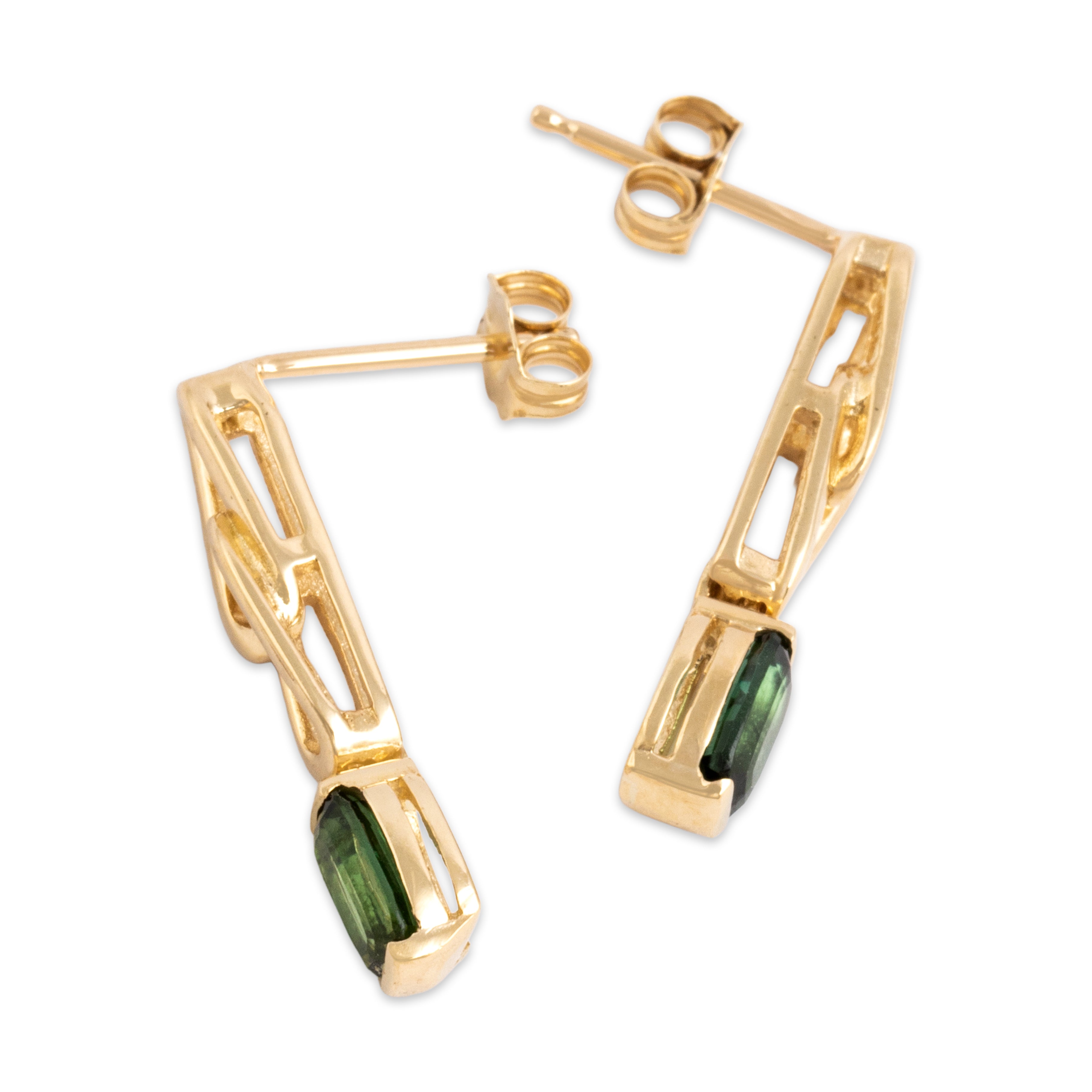 Estate 18k Yellow Gold .76cttw Mint Tourmaline Chic Oval Link Partial Bezel Dangle Earrings - Side view