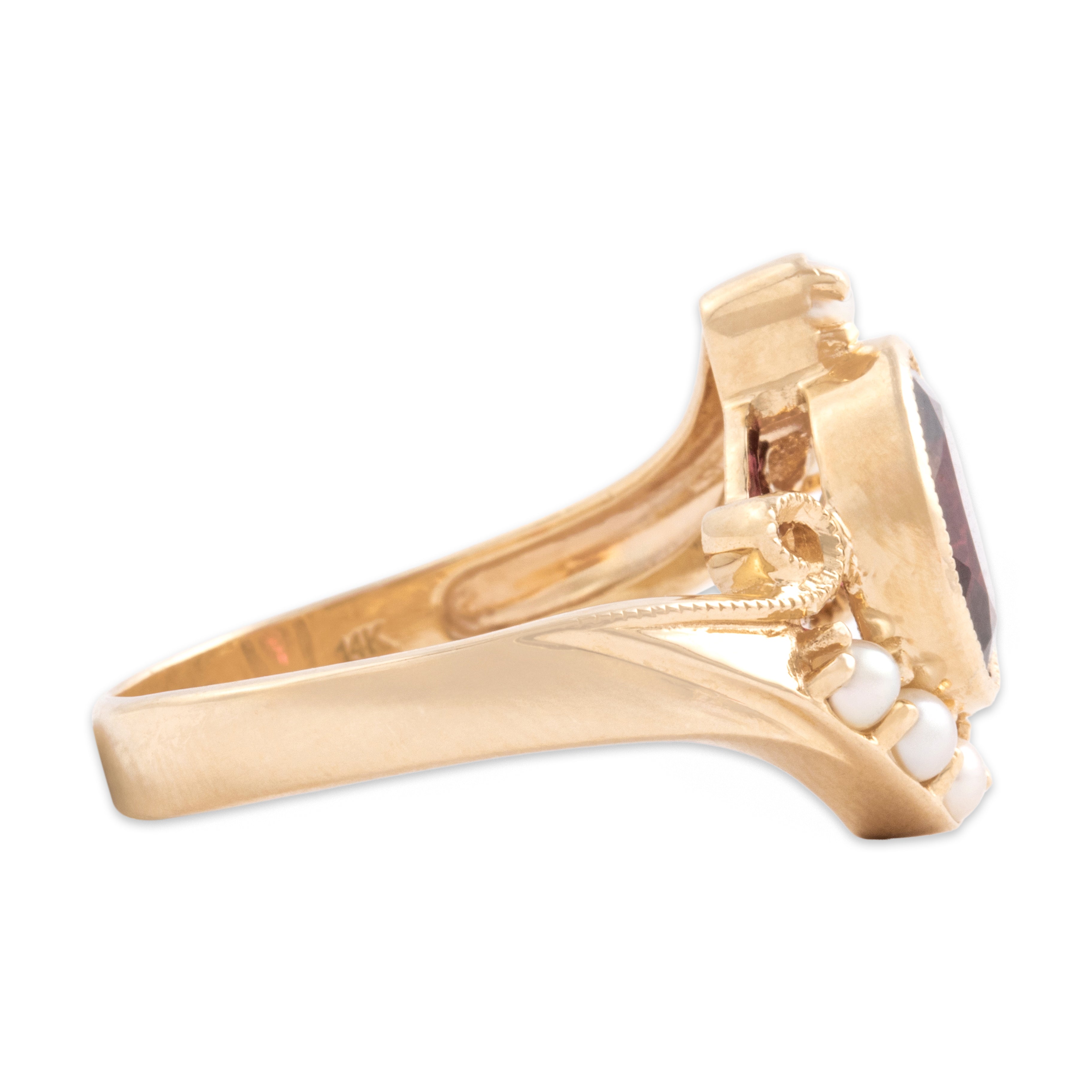 Vintage 14k Yellow Gold Pearl 2.11ct Dark Pink Garnet Ornate Milgrain Bypass Ring - Side view