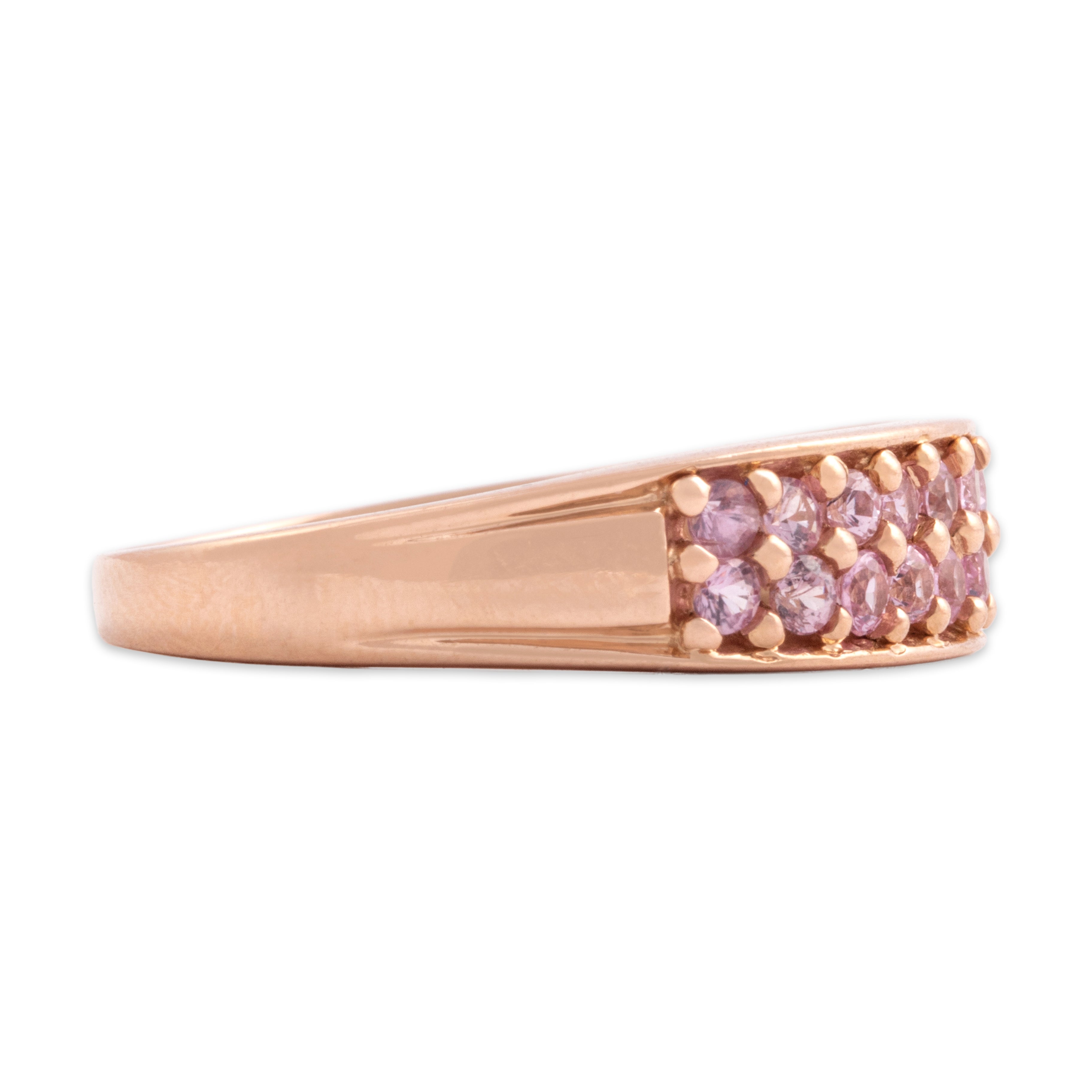 Vintage 14k Rose Gold Pink Sapphire Dazzling Bright Double Line Band Ring - Side view