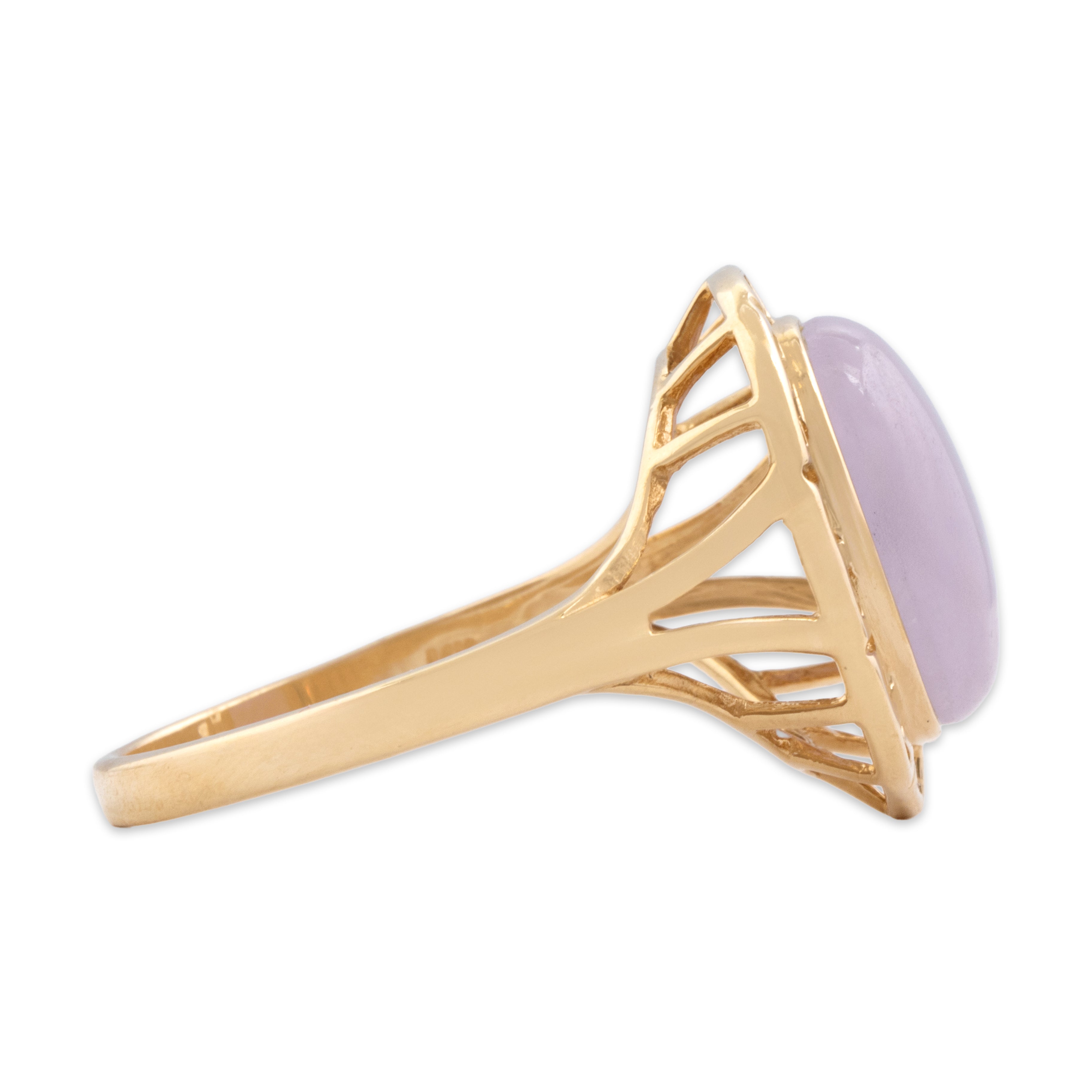 Vintage 14k Yellow Gold 4.73ct Lavender Jade Gleaming Greek Key Cabochon Ring - Side view