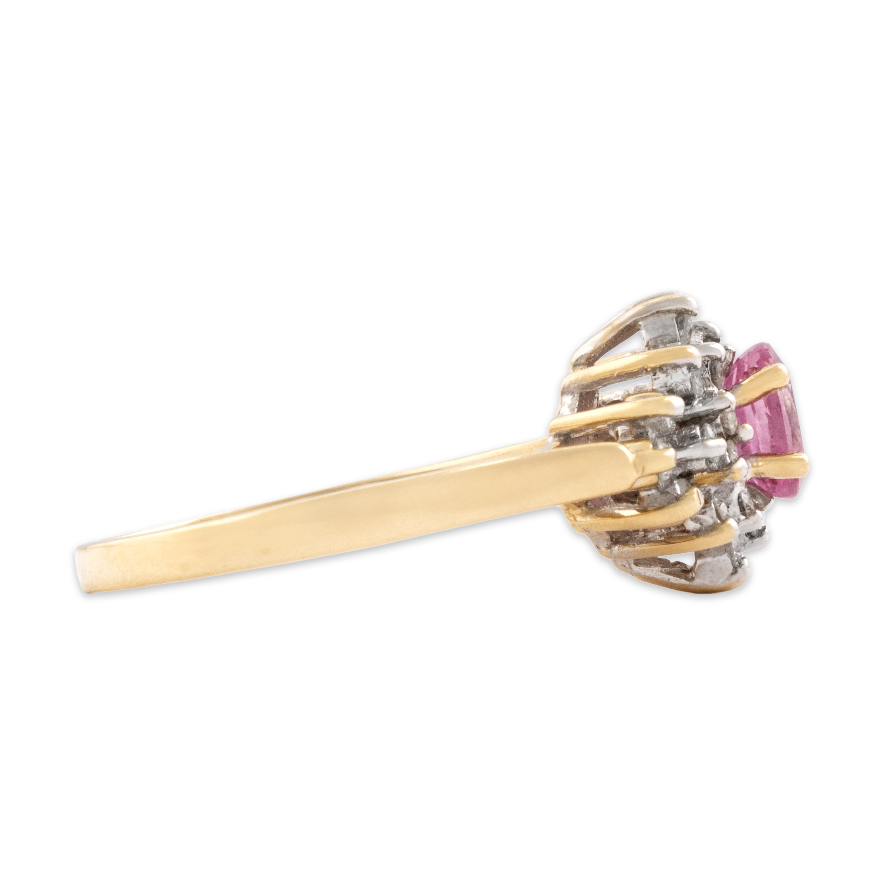 Vintage 14k Yellow Gold Diamond Pink Sapphire Classic Cluster Ring - Side view