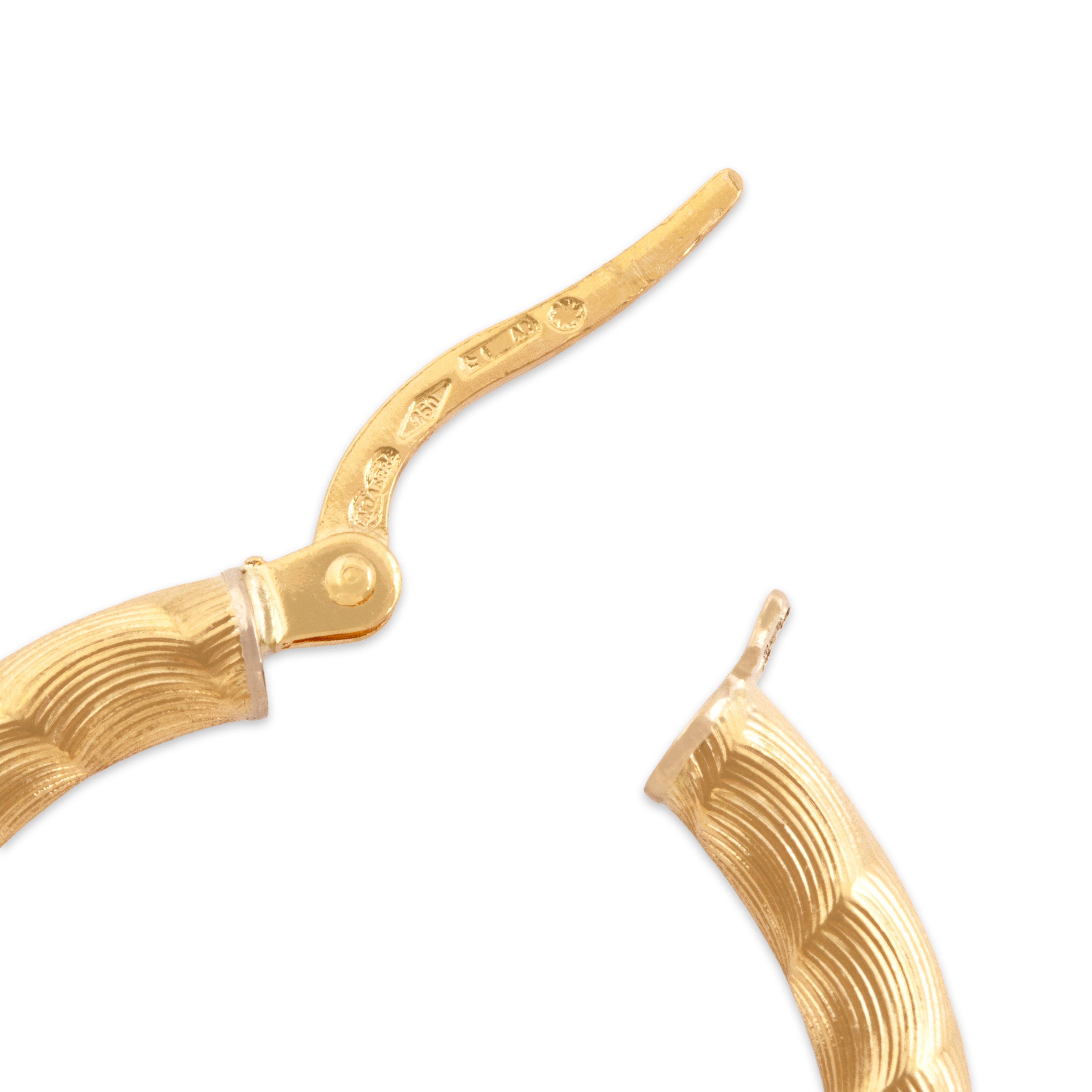 Vintage Italian 18k Yellow Gold Gleaming Swooped Textured Hoop Earrings - Hallmark view