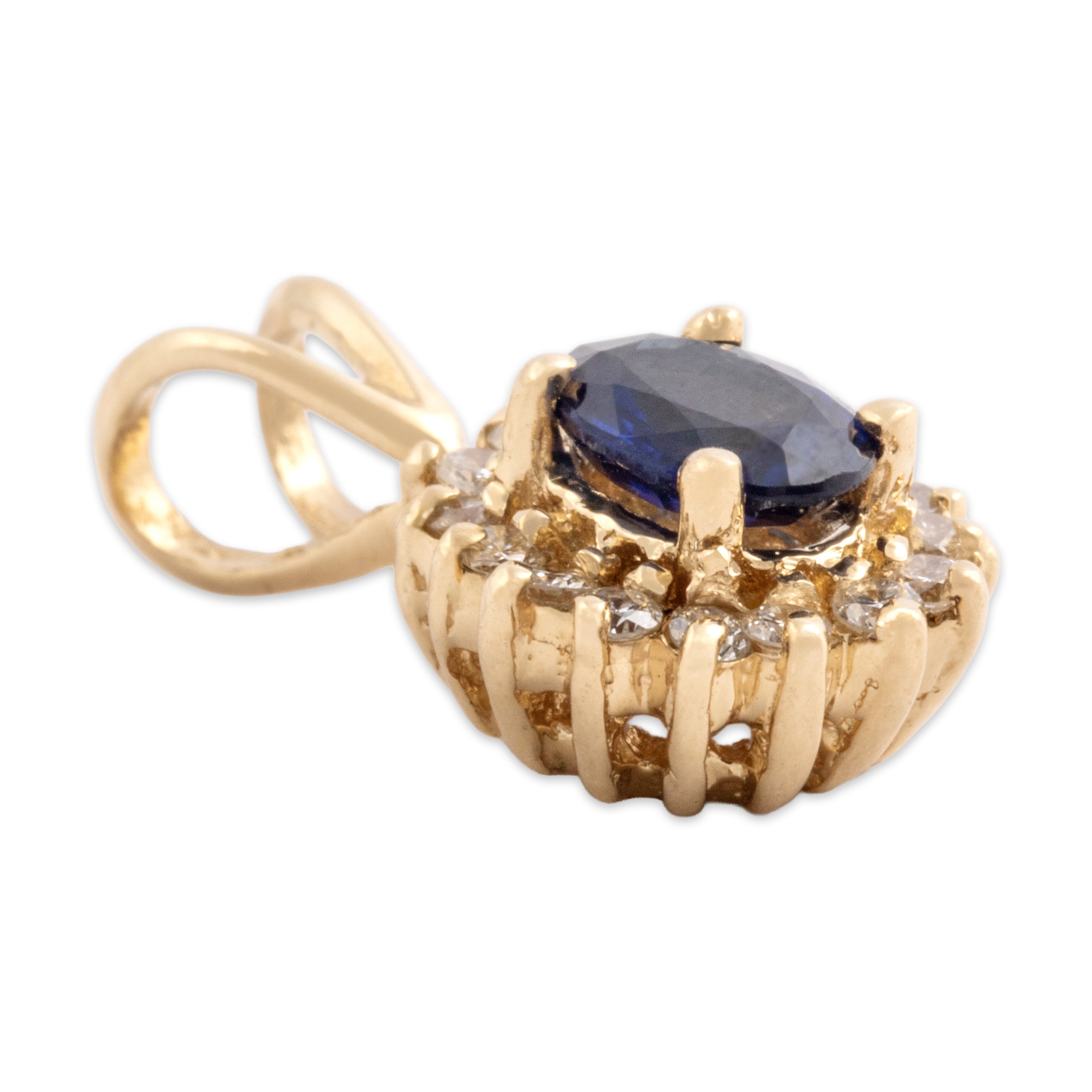Vintage 14k Yellow Gold .53ct Blue Sapphire Diamond Classic Elegant Oval Halo Pendant - Side view