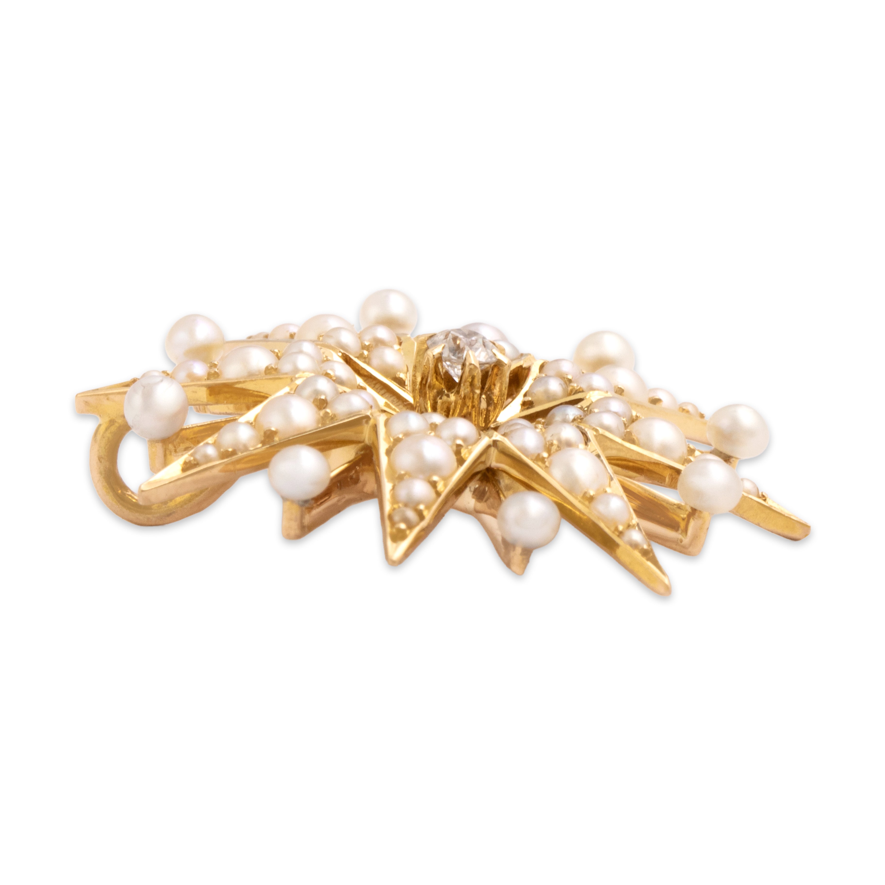 Antique Victorian 14k Yellow Gold Old Mine Cut Diamond Pearl Luminous Celestial Star Slide Pendant - Side view