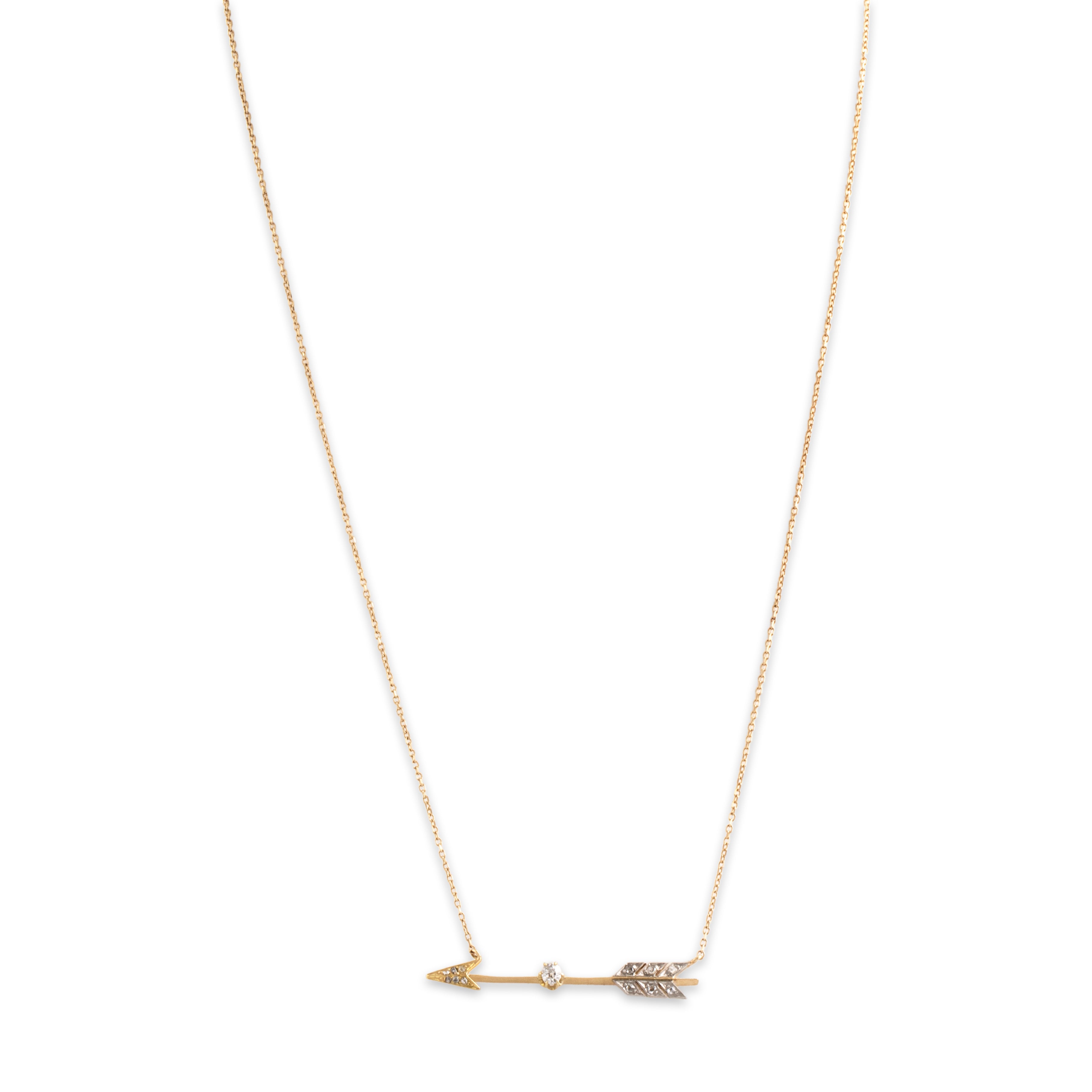 Antique 14k & 18k Yellow Gold Old Mine Cut Diamond Sparkling Flying Arrow Necklace - detail view #1